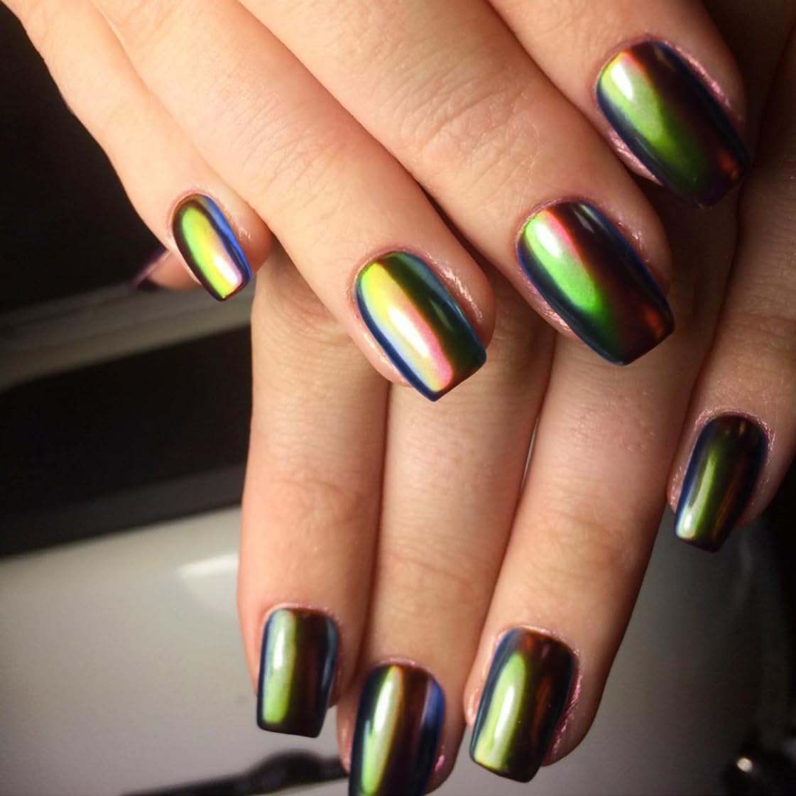 Metallic Green Rainbow Chrome Square Press on Nails Medium Short,KQueenest Mirror False Acrylic Nails Press Ons,Metallic Fake Nails,Colorful Glue on Nails,UV Cover Nails for Women in 24 PCS