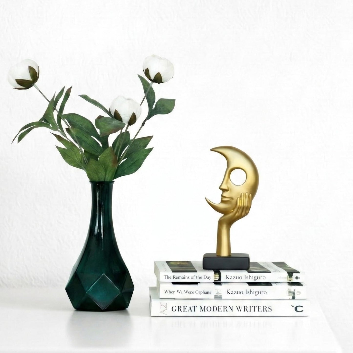 Lodkksg Gold Moon Face Sculpture with Hand, Modern Abstract Art Decor, Black Base