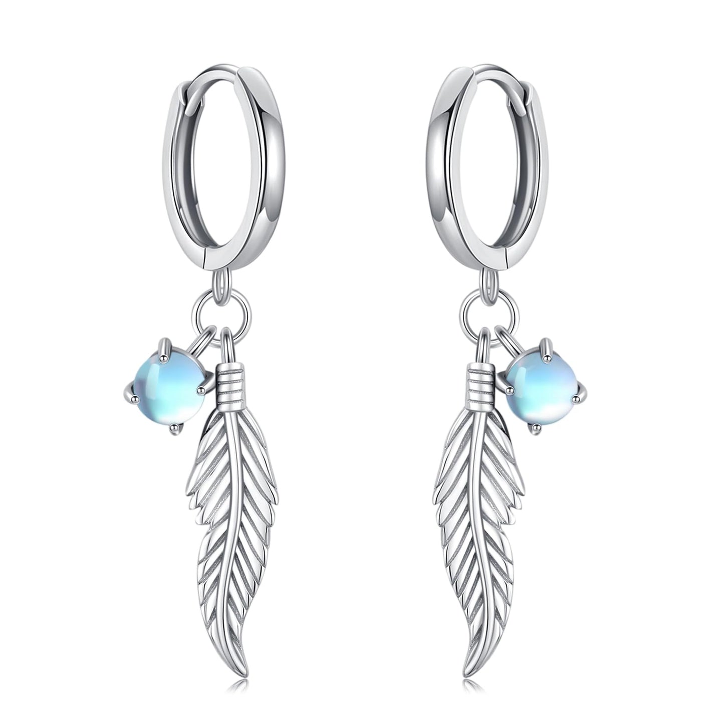 Feather Moonstone Earrings 925 Sterling Silver Moonstone Dangle Drop Earrings Feather Jewelry Bohemian Gifts for Women