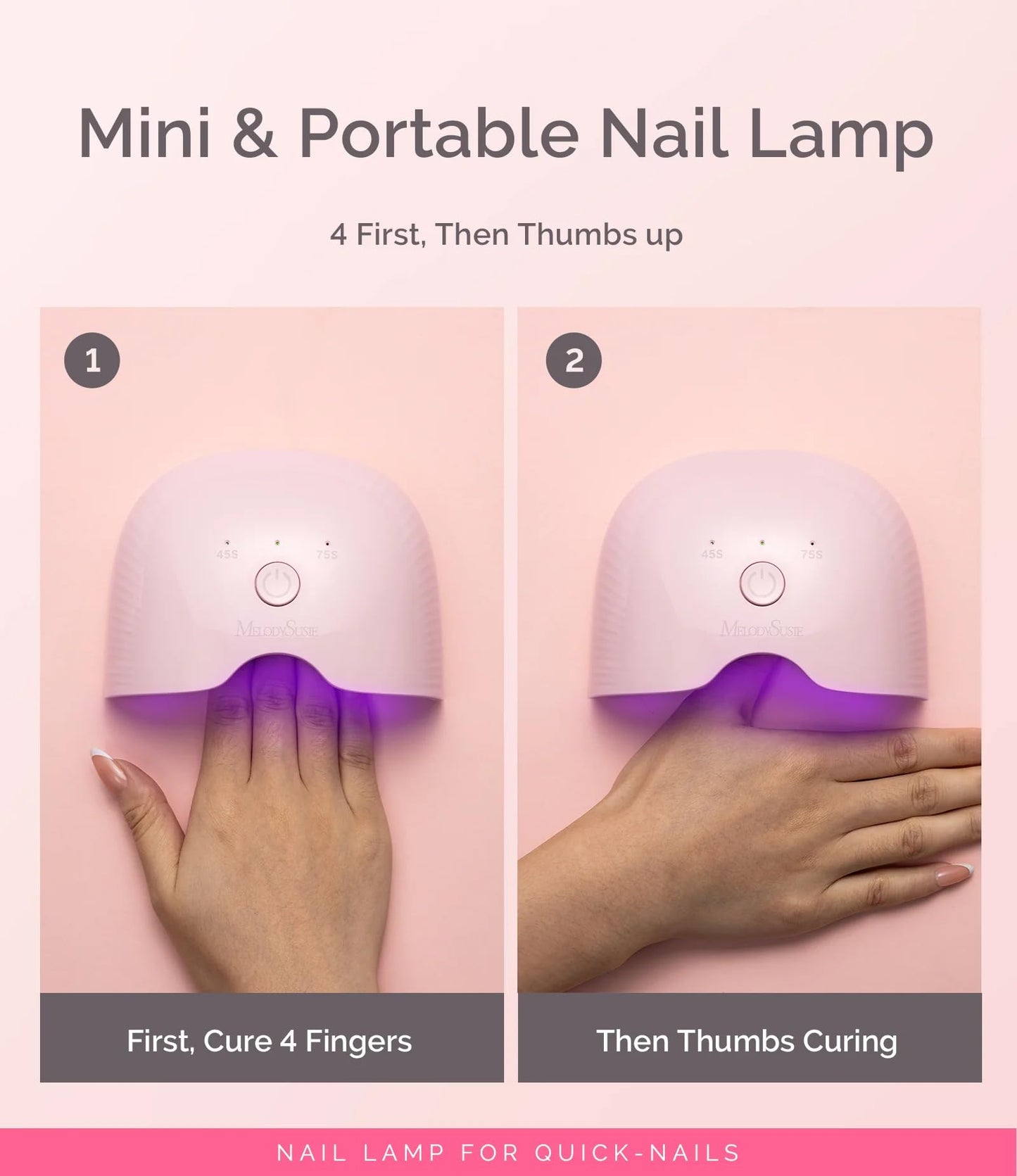 MelodySusie Mini Cordless UV Nail Lamp, P-ART06G Rechargeable Portable LED UV Light with Smart Sensor, 4-Finger Curing for All Soft Gels, Especially Half-Cured Gel, Base Coat & Top Coat, Pink