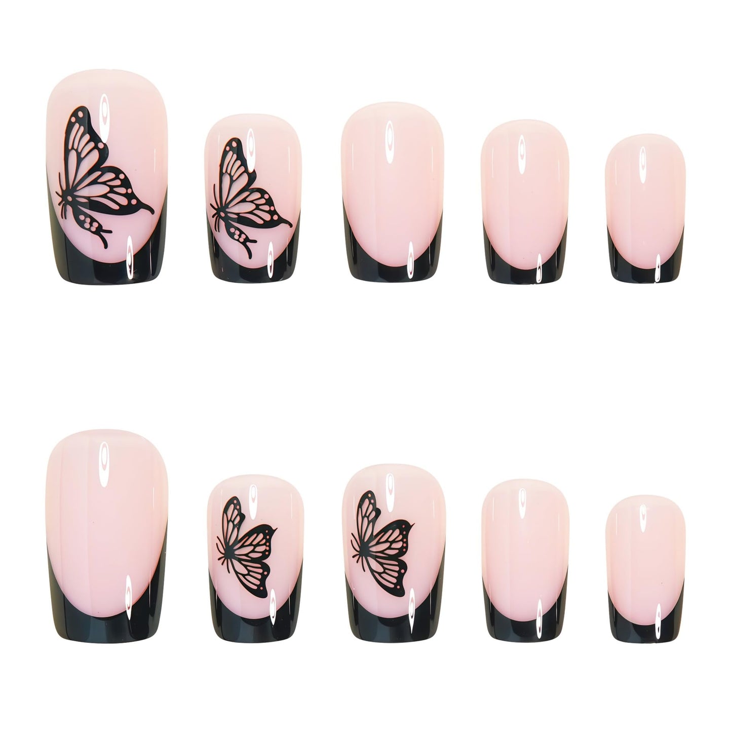 CTTHNBD Press on Nails Medium - Square Fake Nails with Butterfly Design - Black French Tip False Nails Press ons - for Women 24 Pcs