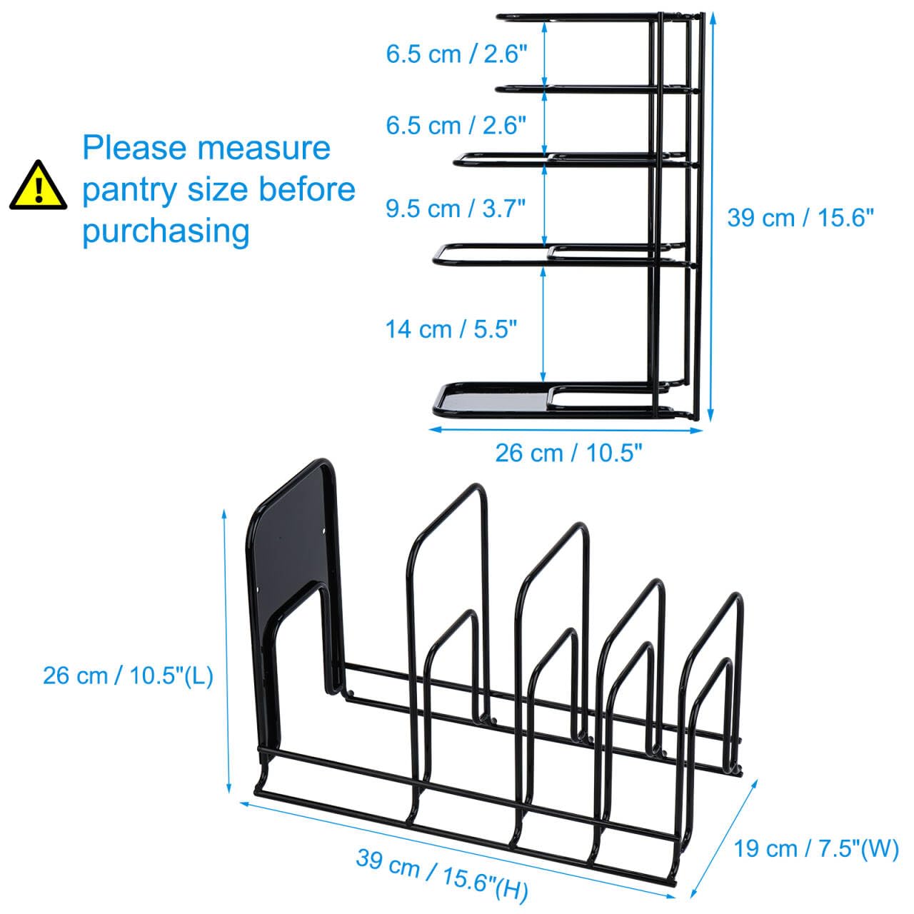 Toplife Heavy Duty Pan Organizer, 5 Tier Pot and Pan Organizer Rack for Cast Iron Skillets, Griddles and Pots - Sturdy Steel Construction- No Assembly Required - Black