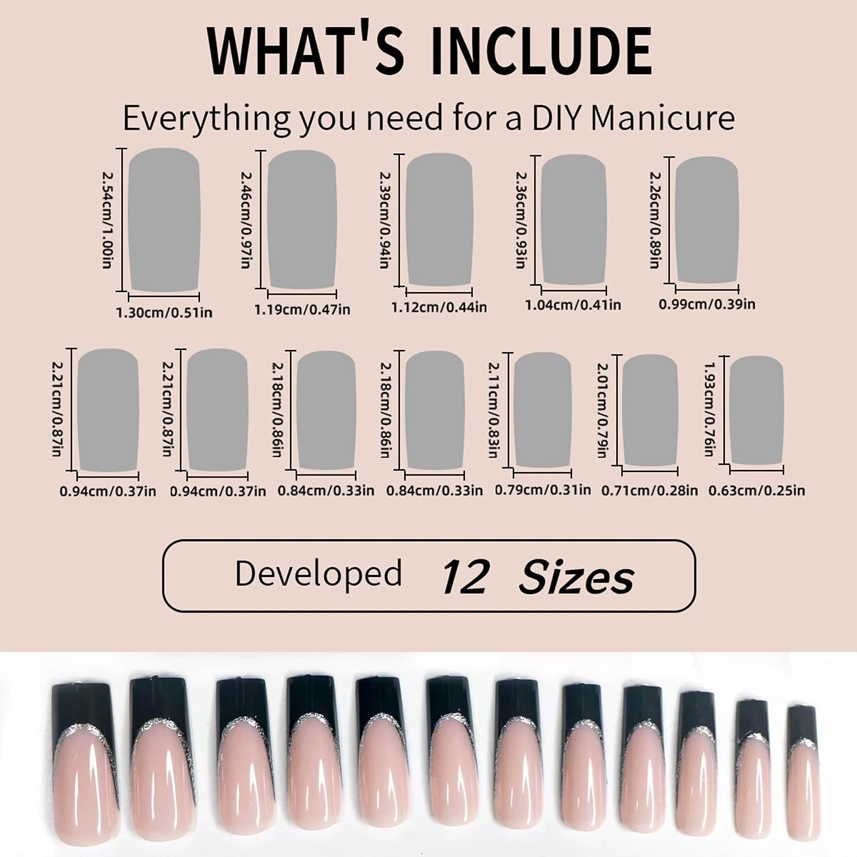 120 Pcs French Tip Press on Nails Long Square Fake Nails Black Tip False Nails with Designs Silver Glitter Line Glossy Glue on Nail Reusable Full Cover Acrylic Nails Stick on Nail for Women Manicure