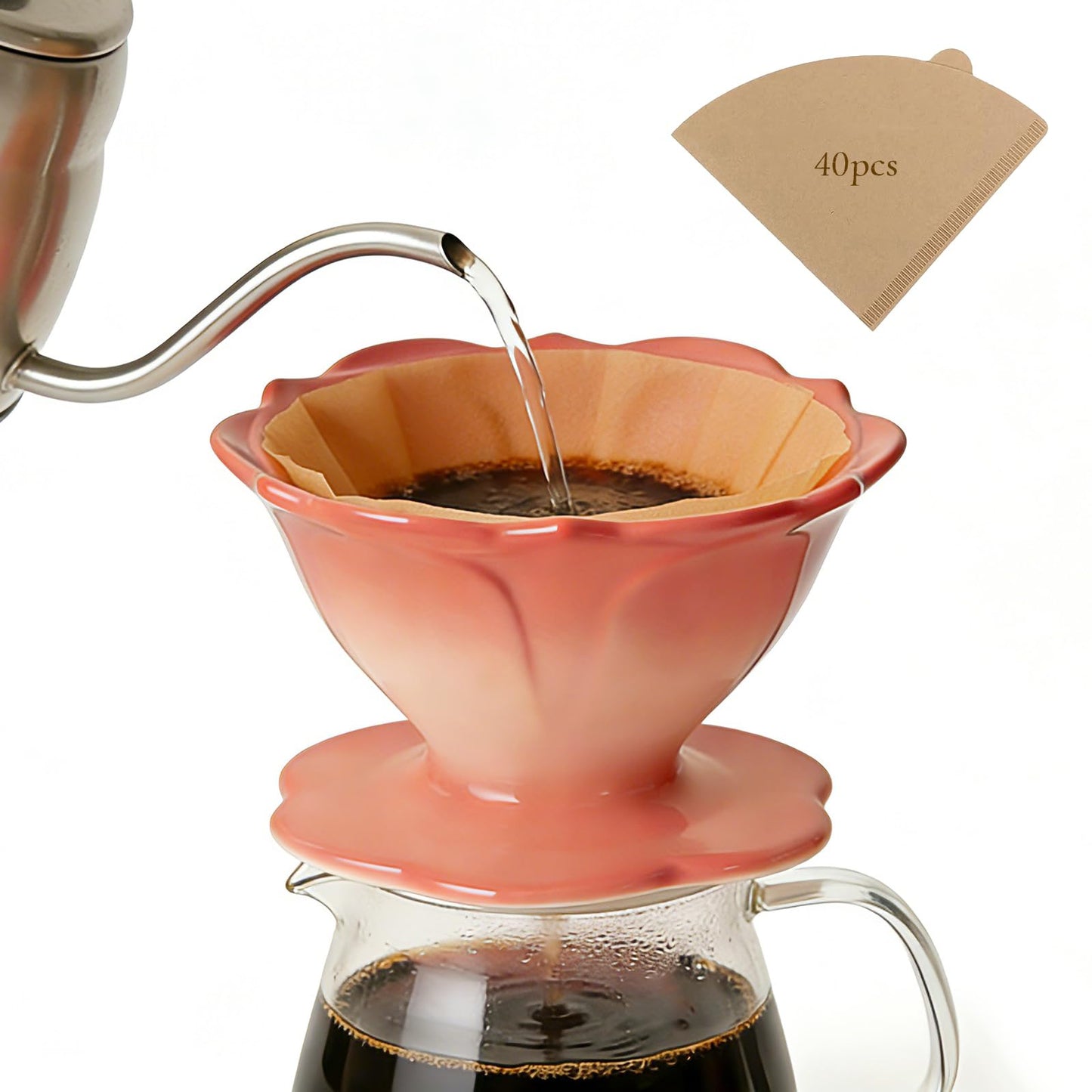 DHSUN Premium Ceramic Pour Over Coffee Dripper，Includes 40pcs Coffee Filter Papers, suitable for home and travel, Flower Petal Dripper（Gradient Red）