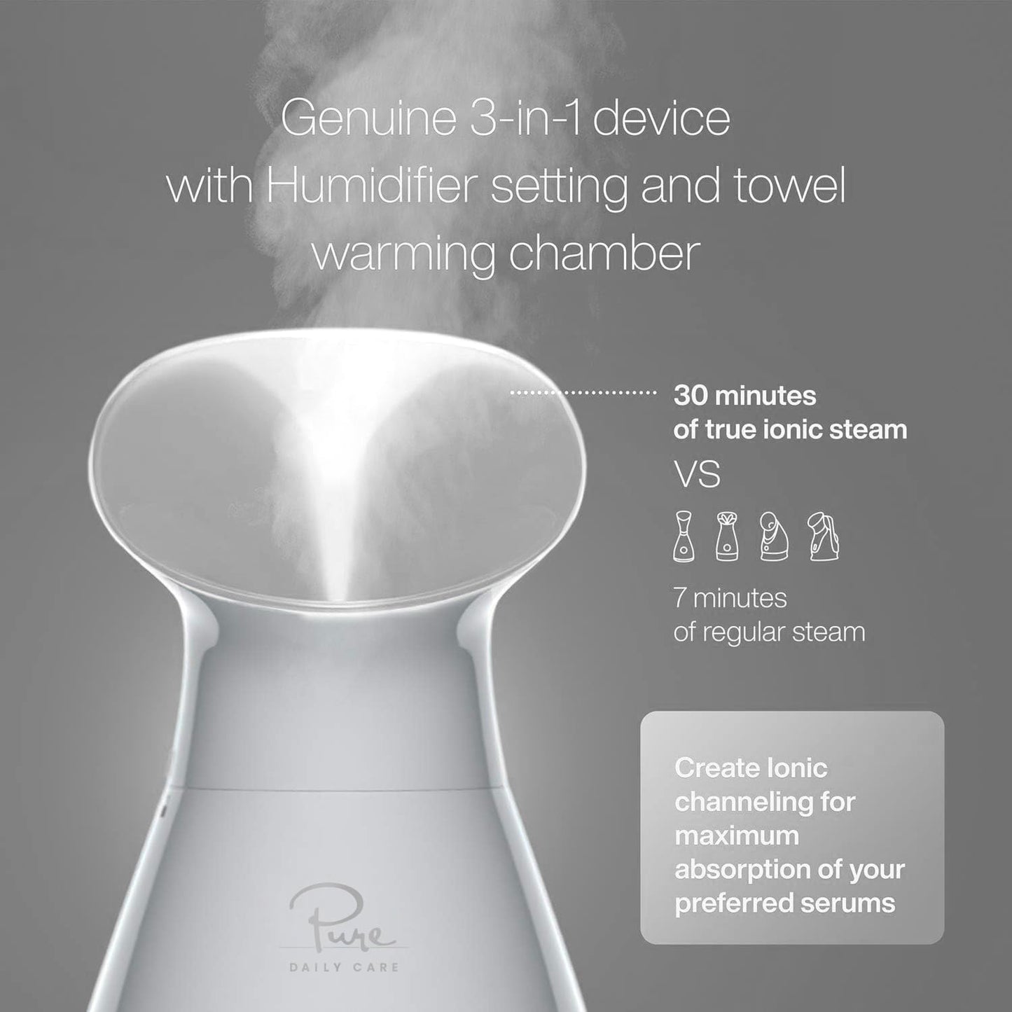 Pure Daily Care NanoSteamer Large 3-in-1 Nano Ionic Facial Steamer with Precise Temp Control - Humidifier - Unclogs Pores - Blackheads - Spa Quality - Bonus 5 Piece Stainless Steel Skin Kit (Silver)