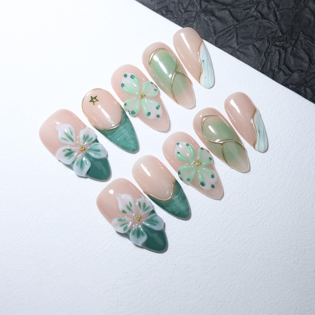 10Pcs Medium Almond Handmade Press On Nails | Easy Apply & Remove, Reusable Salon Quality Nails | Fresh Nude & Green Fake Nails with 3D Floral, Gold Star & Line Accents (5U09, M)