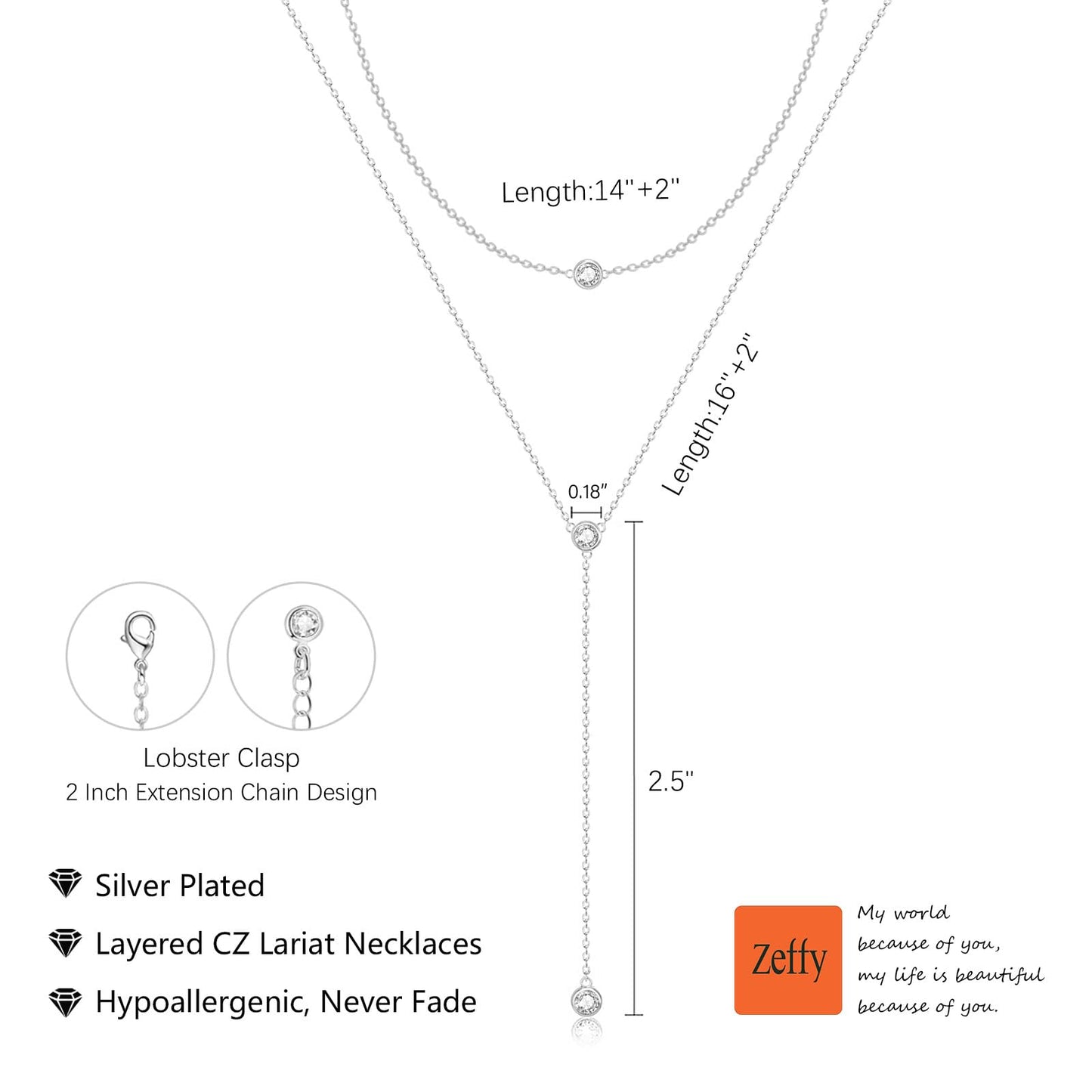 Zeffy Long Silver Necklace for Women Dainty Silver Plated Lariat CZ Teardrop Drop Layered Necklace Trendy Simple Silver Jewelry for Women