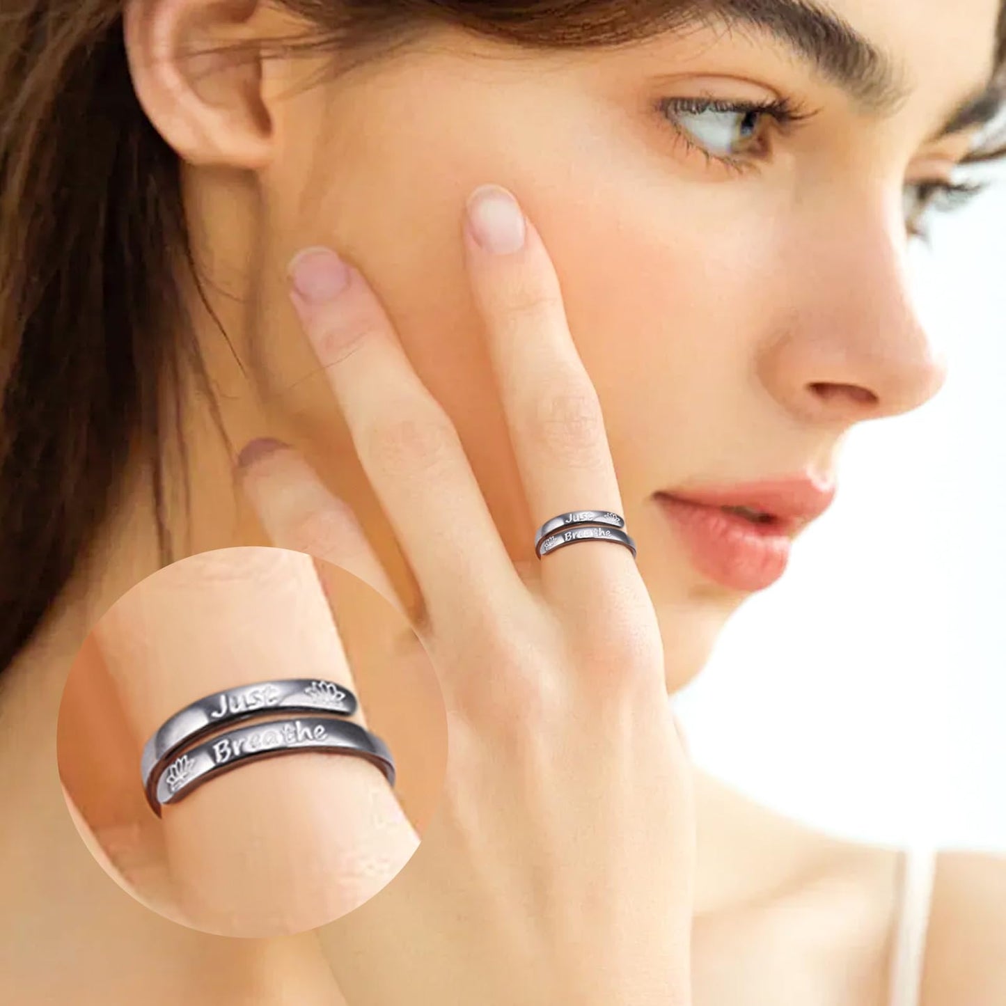 Just Breathe Rings 925 Sterling Silver Yoga Lotus Flower Stacking Wrap Spiral Twist Statement Band Encouragement Hope Ring for Women Men,Black Adjustable Inspirational Ring