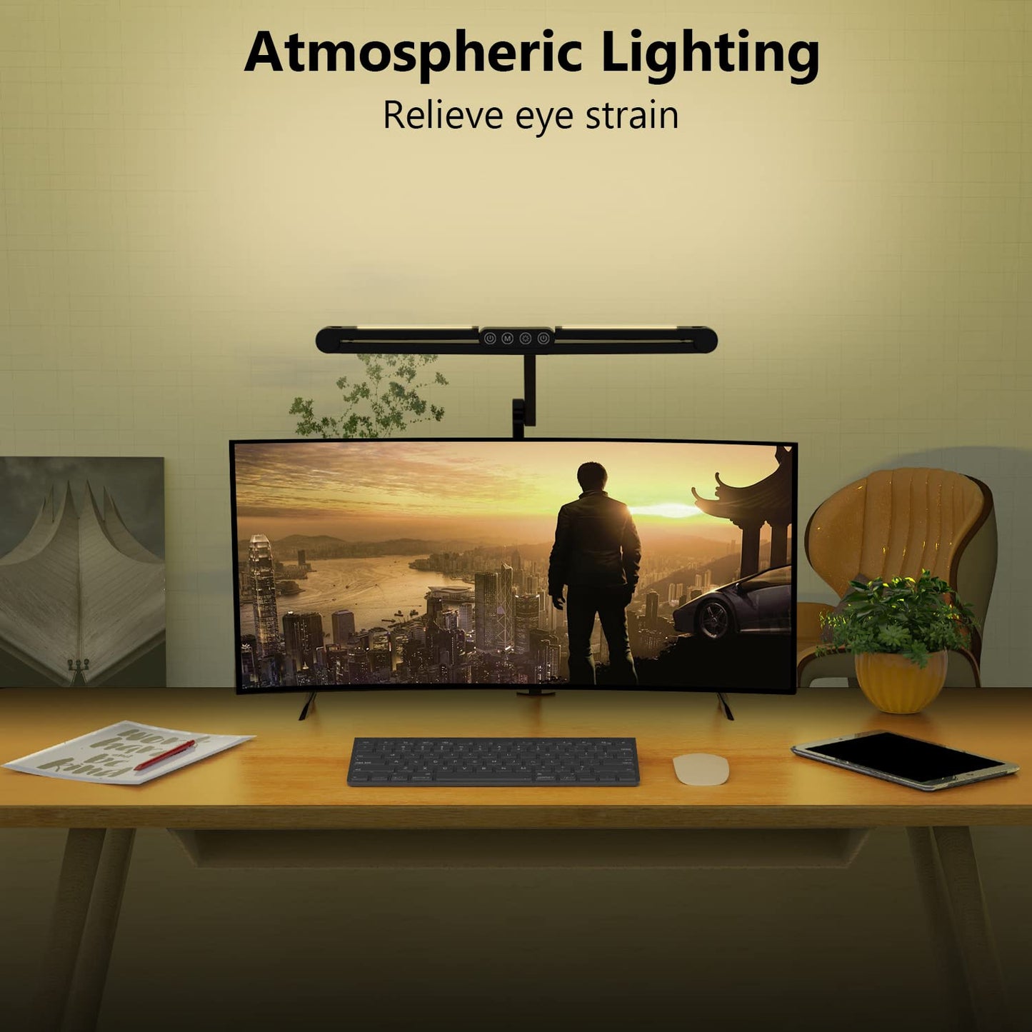 Micomlan Led Desk Lamp with Clamp, Architect Desk Lamp for Home Office with Atmosphere Lighting, 24W Ultra Bright Auto Dimming Computer Light Stepless Dimming and Tempering LED Table Light