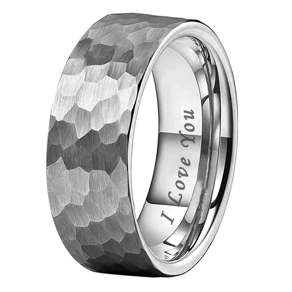 TUTISS 8mm Hammered Tungsten Carbide Rings for Men Women Fashion Engagement Wedding Bands Matte Finish I Love You Engraved Comfort Fit Size 10