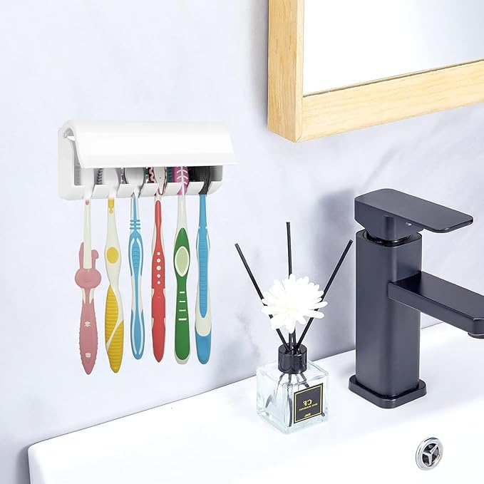 6 Slots Toothbrush Holder Wall Mount with Cover, Self Adhesive Toothbrushes Storage Organizer Perfect for Dorm Bathrooms and Shower, Holds 6 Toothbrushes. White