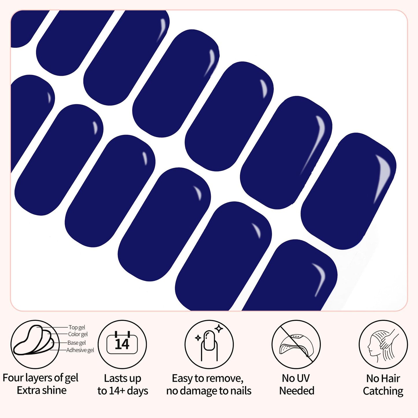 Semi Cured Gel Nail Strips - Navy Blue -Stylish Nail Wraps, No UV Light Needed, Effortless Application & Removal, Salon Quality, Includes 16 Wraps, 1 Prep Pad, Wooden Stick & Nail File
