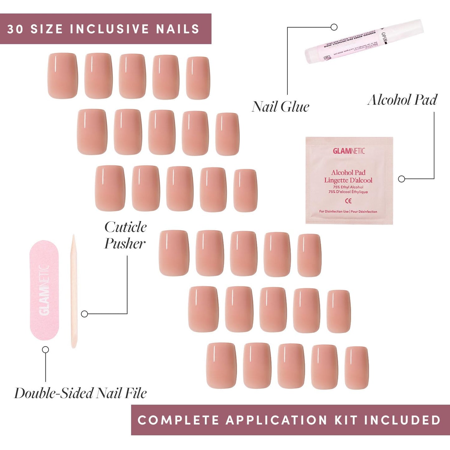 Glamnetic Press-On Nails Bundle - In The Nude, Fiancéd & Goal Digger | Medium Square Fake Nails, Sheer Nude Neutral | Short Almond False Nails with a Ombré | Natural Short Round False Nails with