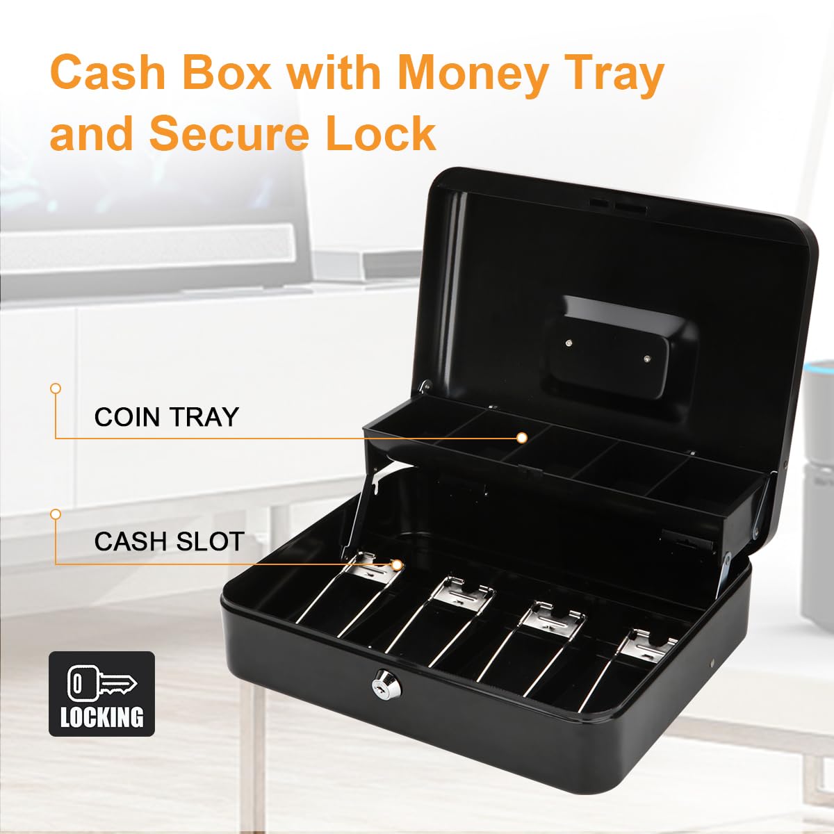 Jssmst Large Locking Cash Box with Money Tray, Lock Box with Security Cable Metal Money Box with Key Lock, Black, CB02304XL