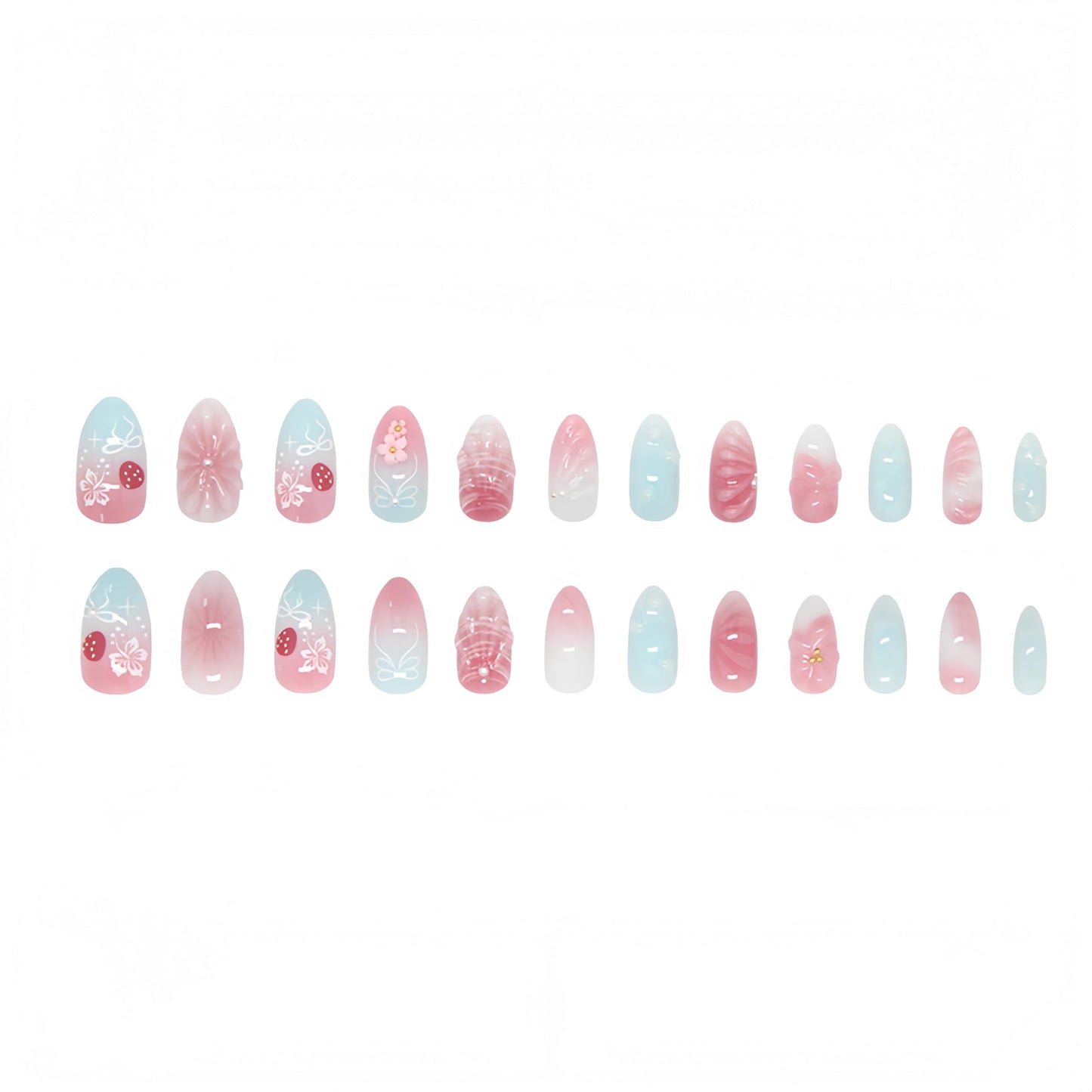 24Pcs Pink Blue Gradient Press On Nails Medium Almond Fake Nails 3D Ripple Bow Pearl Design Stick on Nails White Hibiscus Bow Strawberry Beach Waves False Nails Cute Floral Acrylic Nails for Women