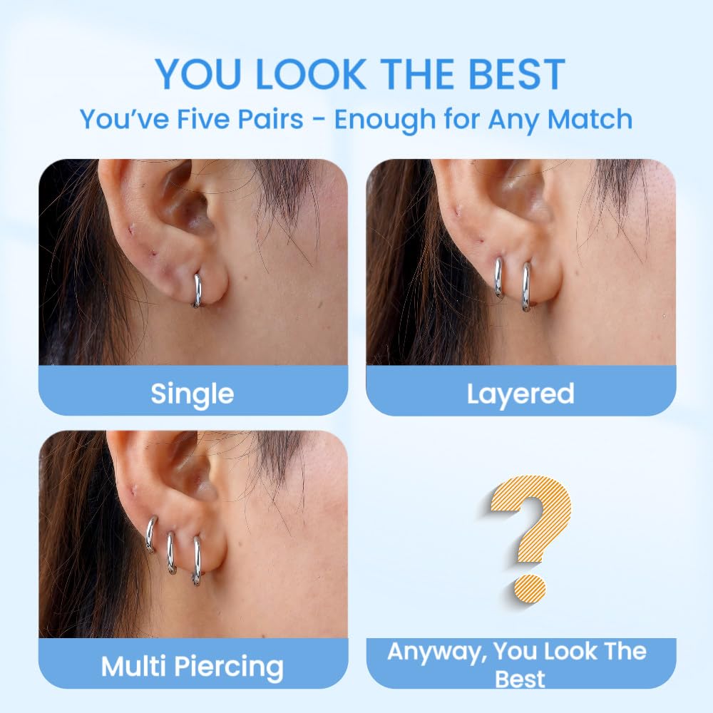 5 Pairs Small Silver Huggie Hoop Earrings Set Women Cartilage Earrings Hypoallergenic Lightweight Stainless Steel Earrings 2nd 3rd Hole Cute Multiple Piercing Stack Jewelry Trendy Gift