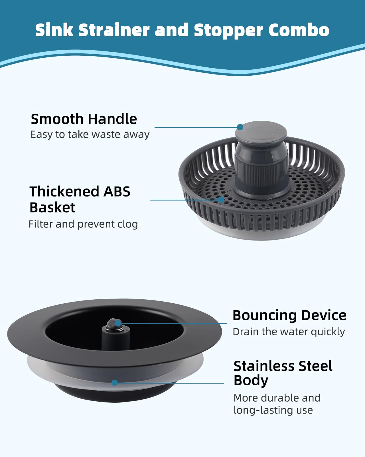 Universal 3 in 1 Kitchen Sink Drain Strainer Stopper Combo, Black Stainless Steel Shell Pop Up Sink Stopper for US Standard 3-1/2 inch Drain Filter, Anti-Clog and Easy Clean, Matte Black