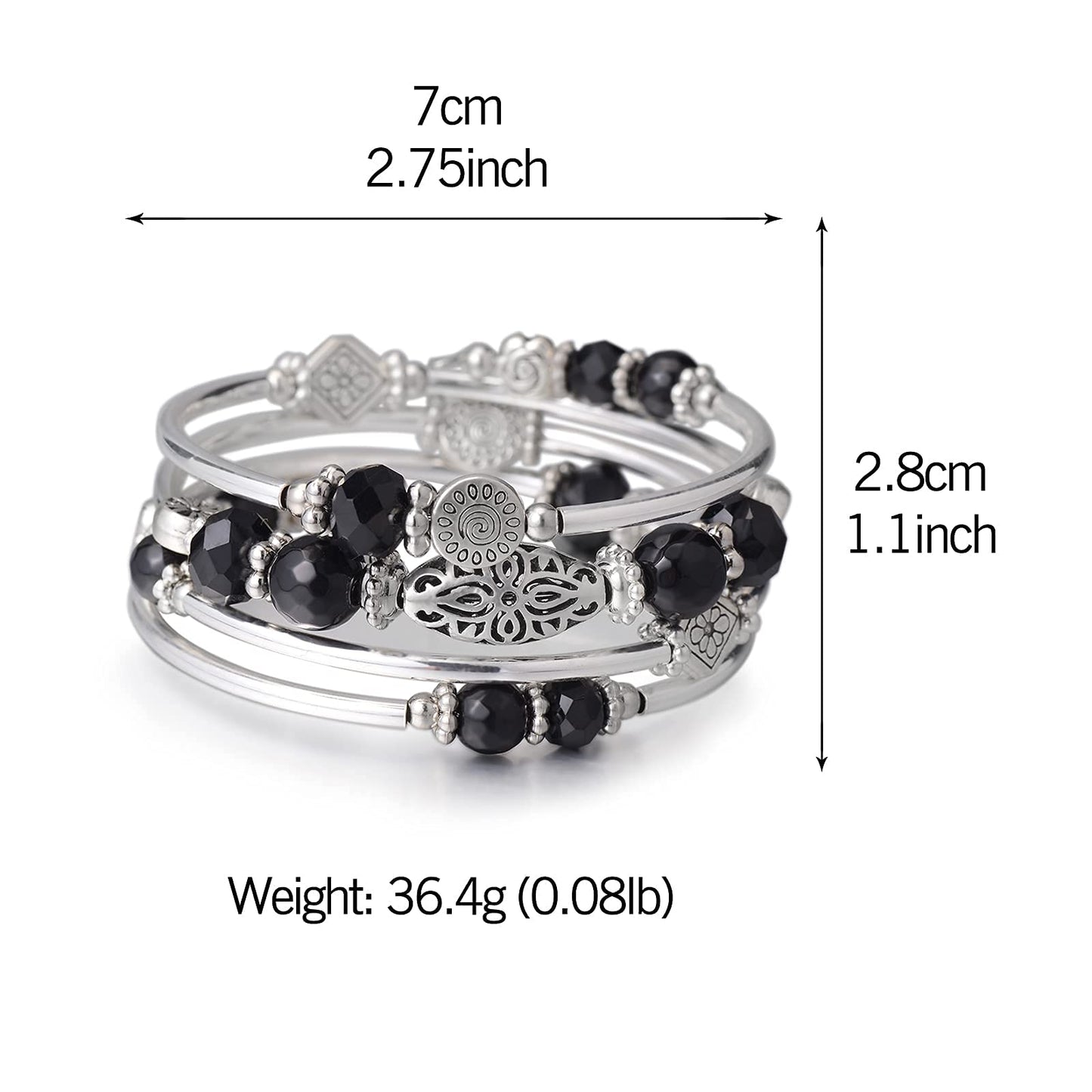 FULU AUTUMN Stackable Beaded Bracelets for Women Boho Wrap Silver Bracelet Layered Fashion Jewelry Gifts for Her(Black)