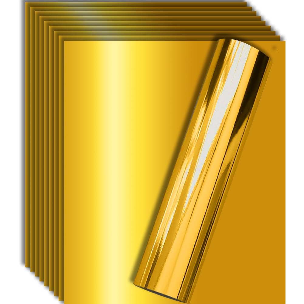 Tvinyl Warehouse Gold Metallic Foil HTV Heat Transfer Vinyl for Tshirt and Apparel 12" X 10"(Pack of 10), Easy to Weed and Iron on, Guaranteed Size