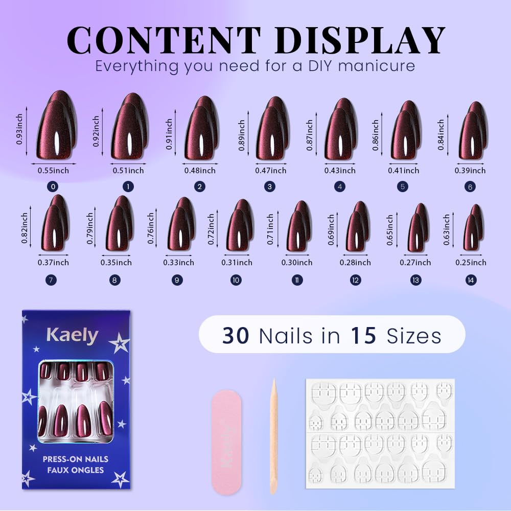 evpct Mauve Red Cat Eye Chrome Press on Nails Almond Medium with Design, Red Holographic Medium Almond Stick on Fake Nails for Women, Glossy Cat Eye Effect, Perfectly Fit Salon-quality Soft False Nail