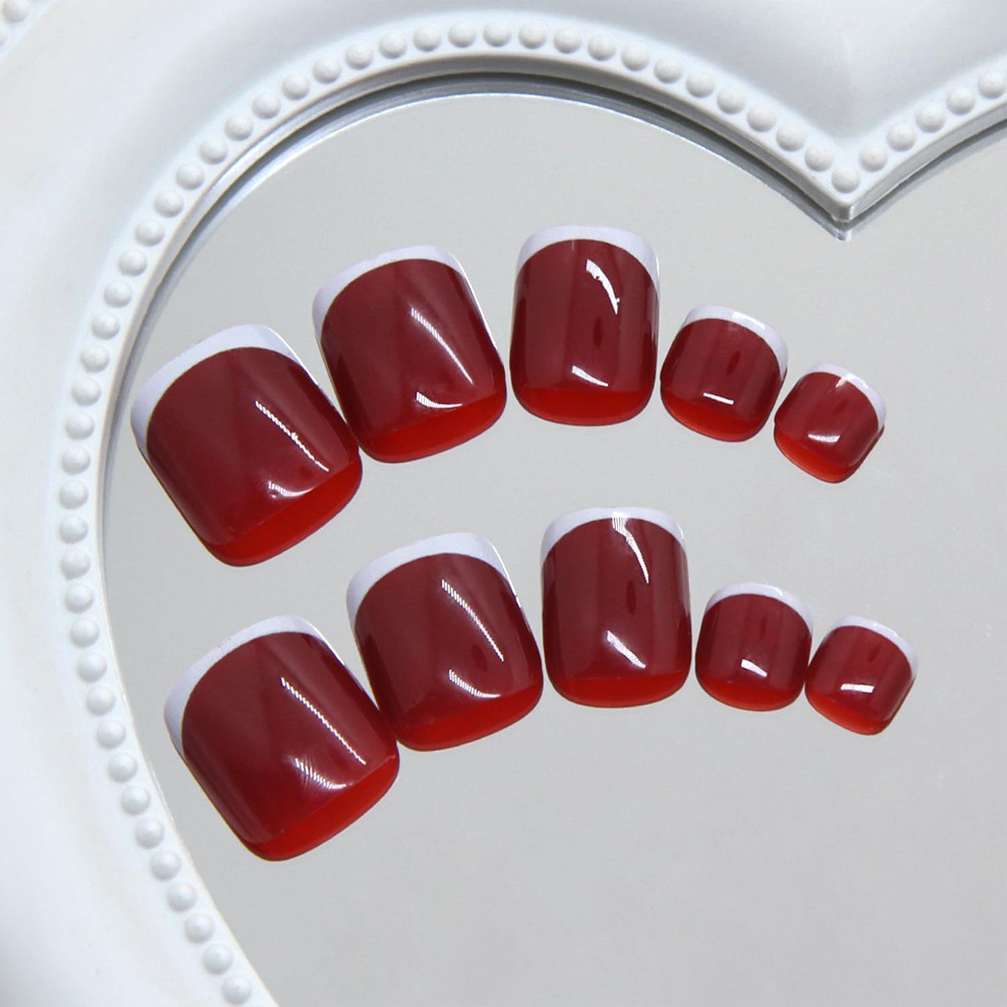 White French Tip Press on Toenails Summer False Toenails Glossy Wine Red Toe Nails Reusable Full Cover Toe Nails for Women