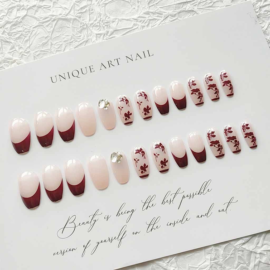 RikView French Tip Press on Nails Long Acrylic Nails Red Coffin Acrylic Nails with Fall Design Full Cover Nails 24 PCs/Set