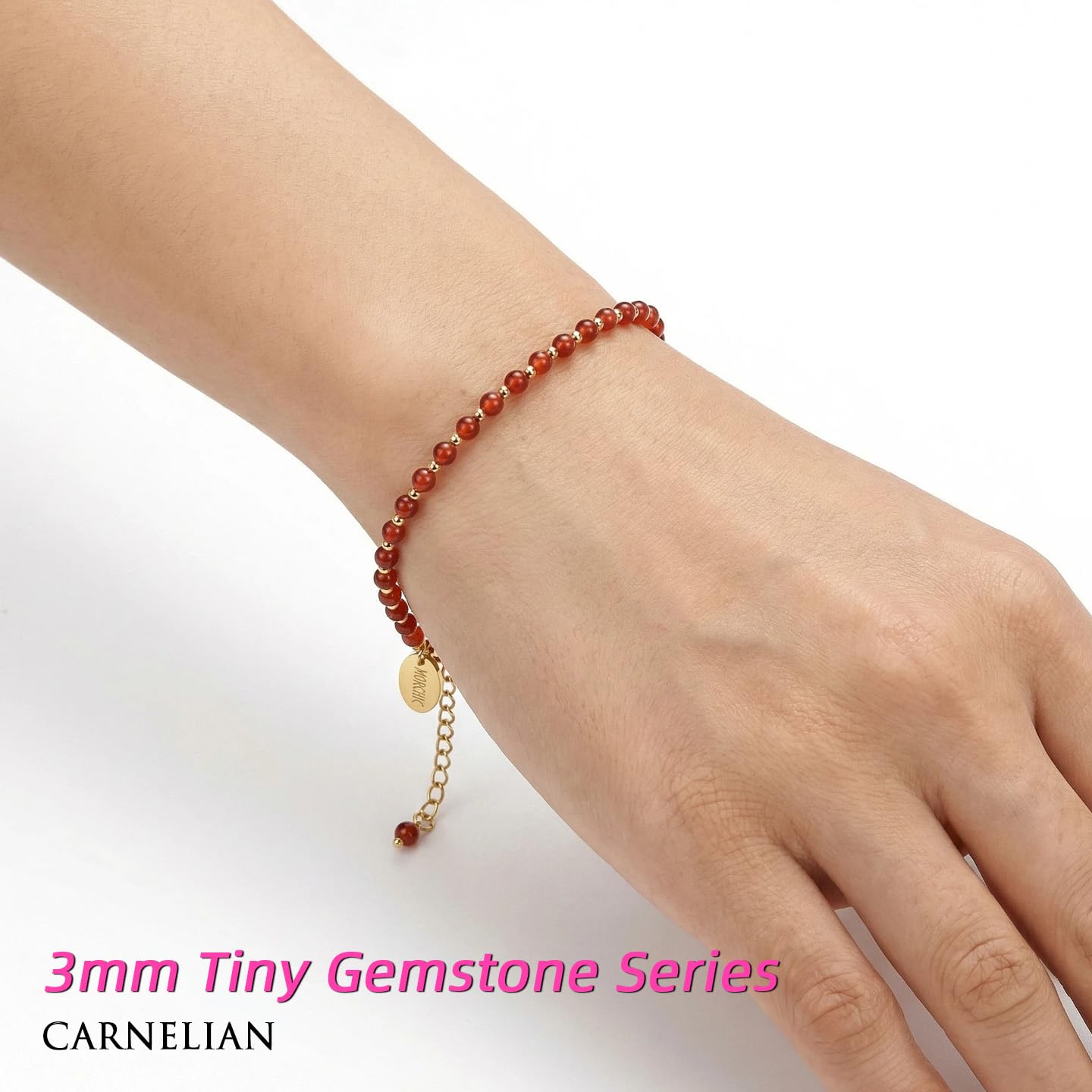 Morchic 3mm Red Carnelian Natural Gemstone Beaded Bracelet for Women, Dainty Tiny Charm Jewelry, Adjustable 7.1-8.6", Ideal Birthday Holiday Gift