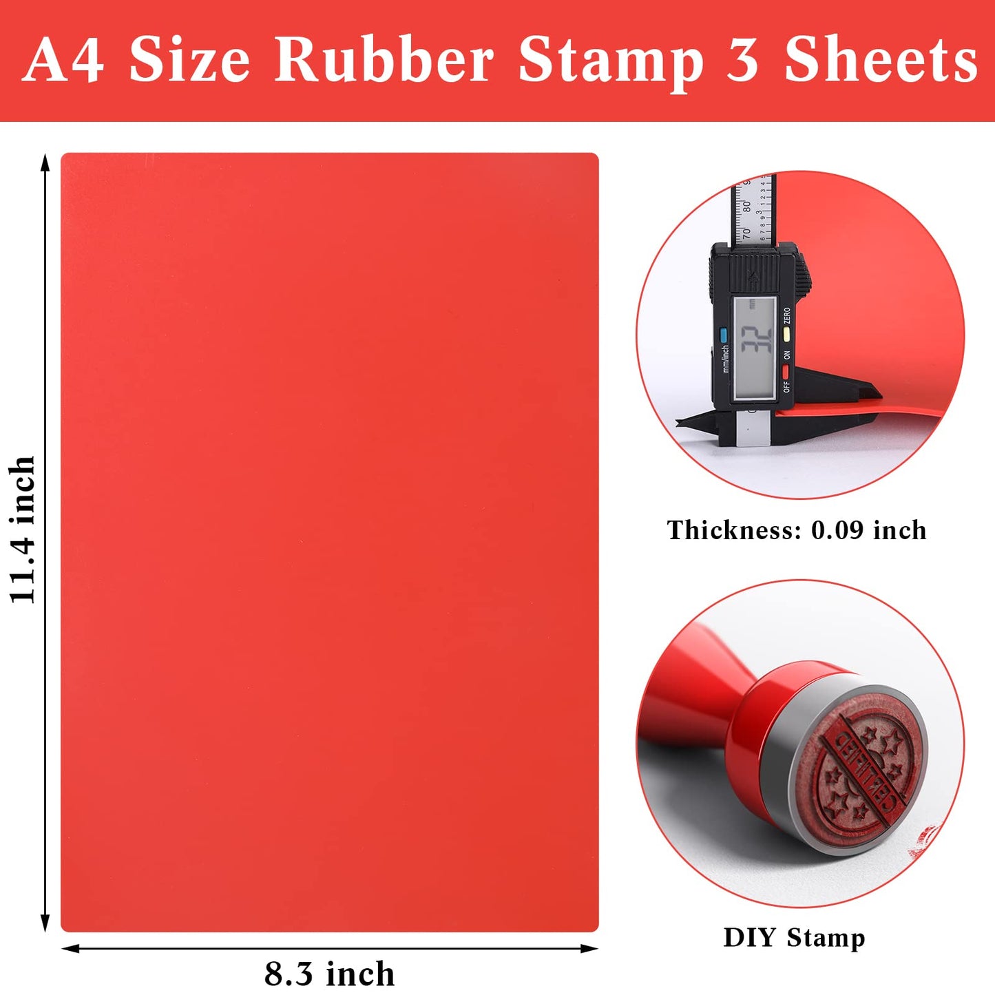 Tondiamo 3 Pcs Rubber Stamp Sheets for Laser Engraving Machine, A4 Rubber Stamp Sheets for Laser Cutter Soft to Make, 2.3 mm(Red)