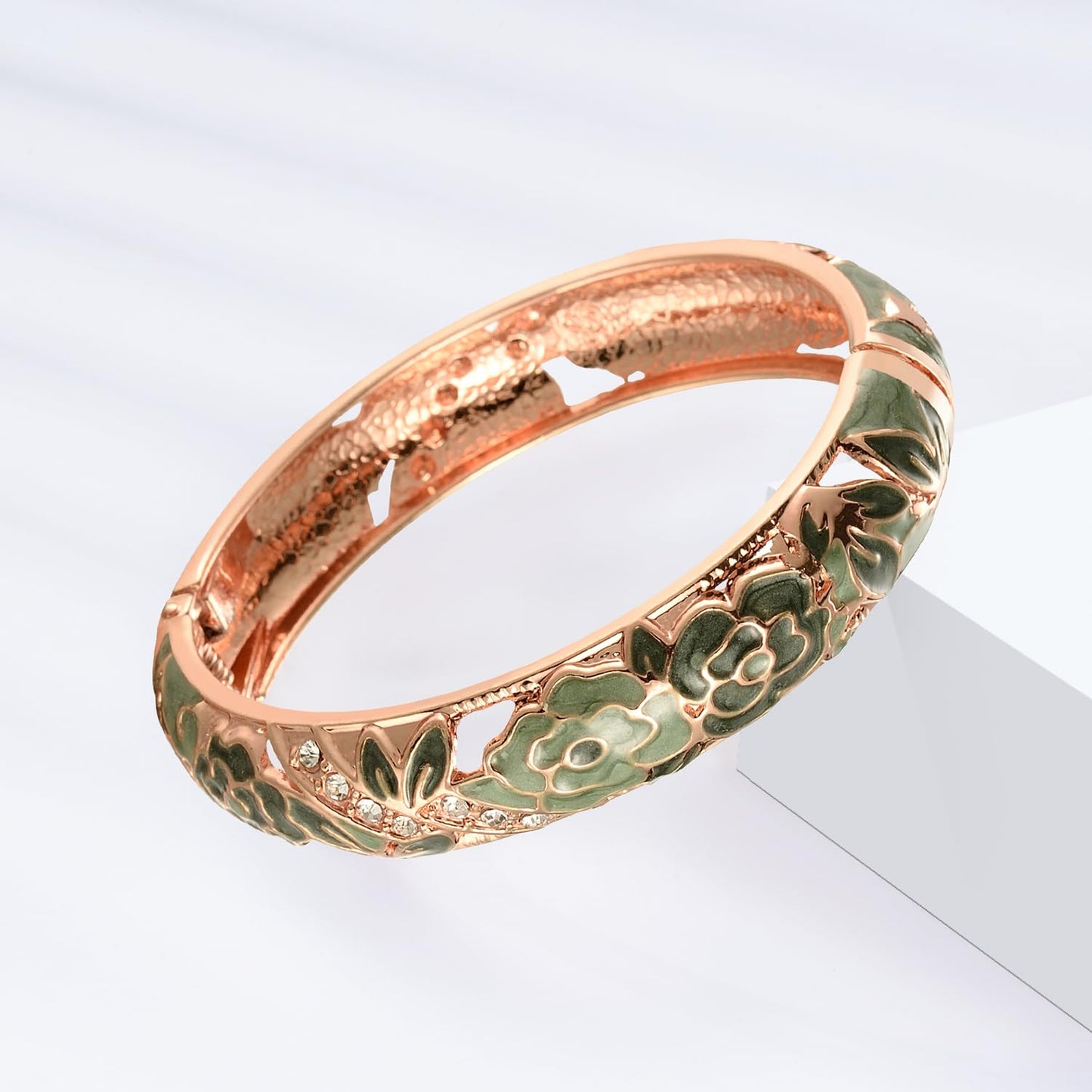 UJOY Women Cloisonne Bracelet Multi-colors Rhinestone Flower Hollowed Enameled Gold Hinged Cuff Bangles Jewelry Gift 88C06 3pcs green