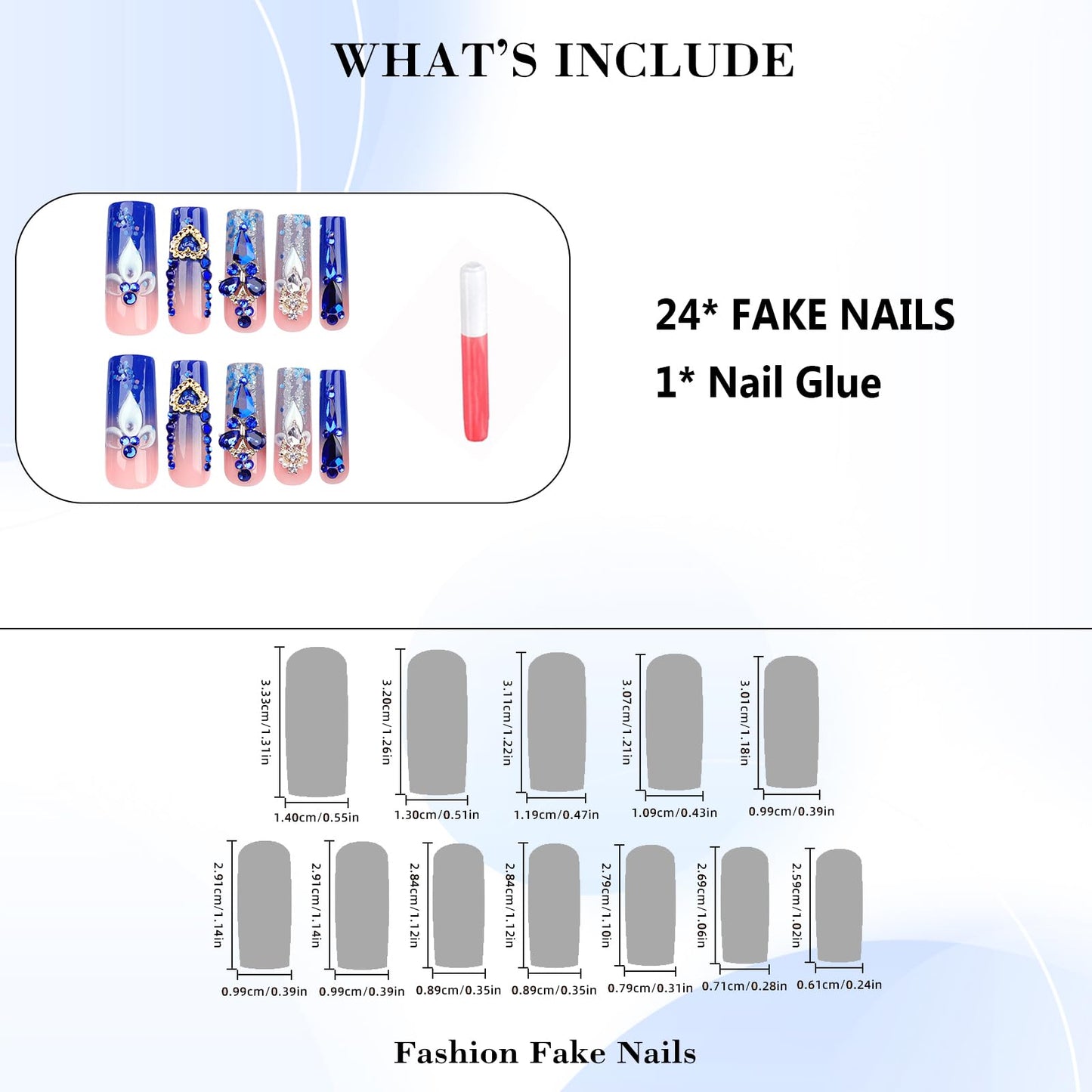 IMRAIN Press on Nails Long Square Fake Nails - Blue Gradient, Glitter Powder, Luxurious Butterfly Rhinestone Designs Full Cover Artificial Acrylic Reusable False Nails for Women 24Pcs