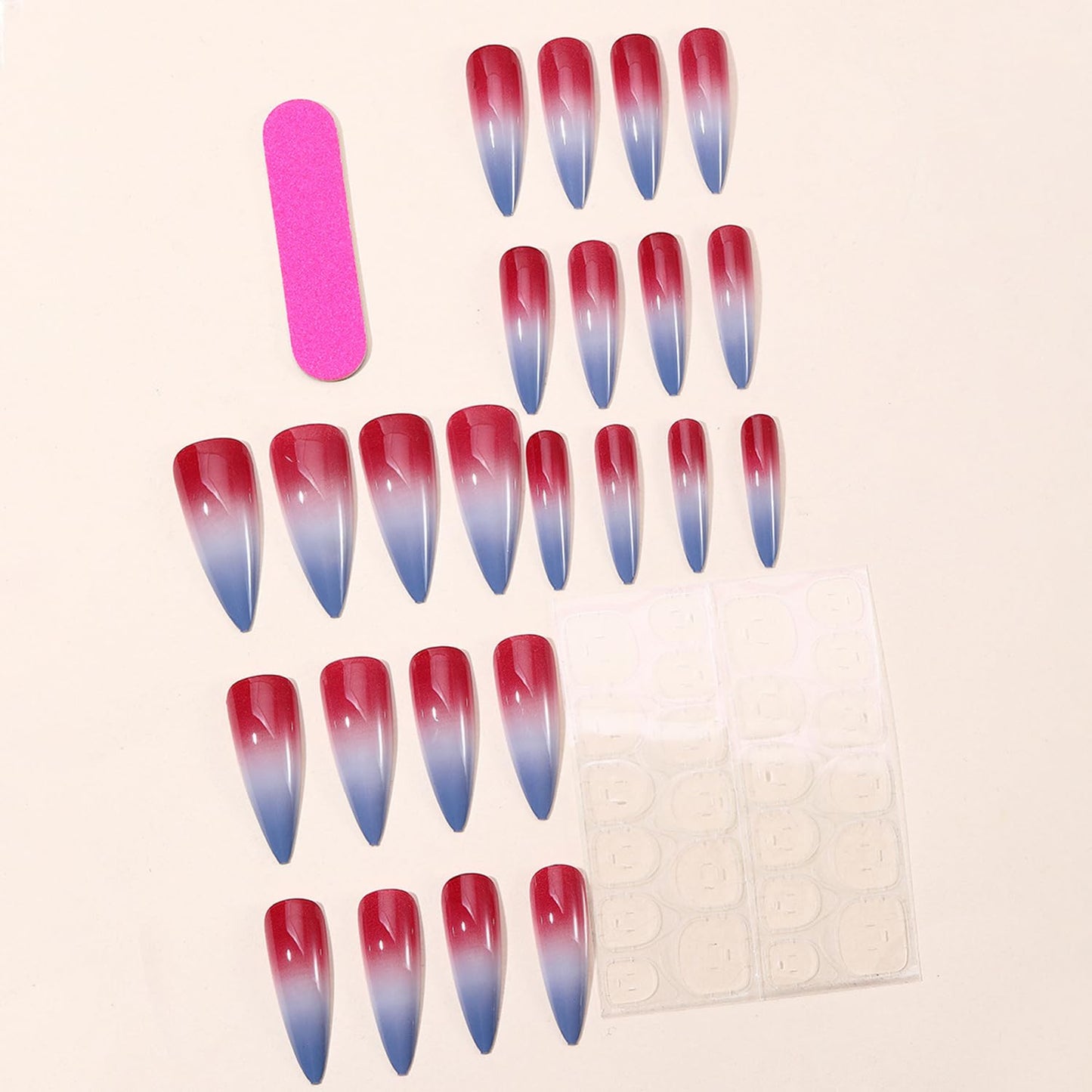 Solid Color Press on Nails Extra Long Artificial Acrylic Gradient Blending Blue Red False Nails with Design Almond Full Cover Glossy Reusable Stick on Nail Artificial Fingernails for Women Manicure