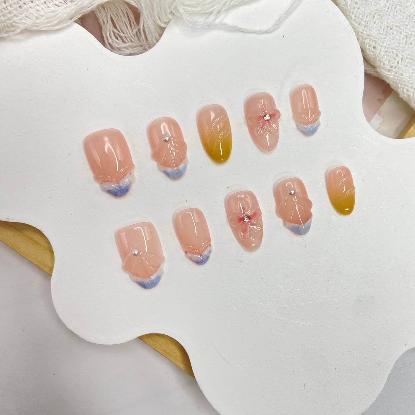 Handmade Press on Nails Gradient Press on Nails Short Almond Fake Nail Rhinestones False Nails Glossy Flower Full Cover French Stick on Nail Acrylic Artificial Nails for Women Glue on Nails (Size S)