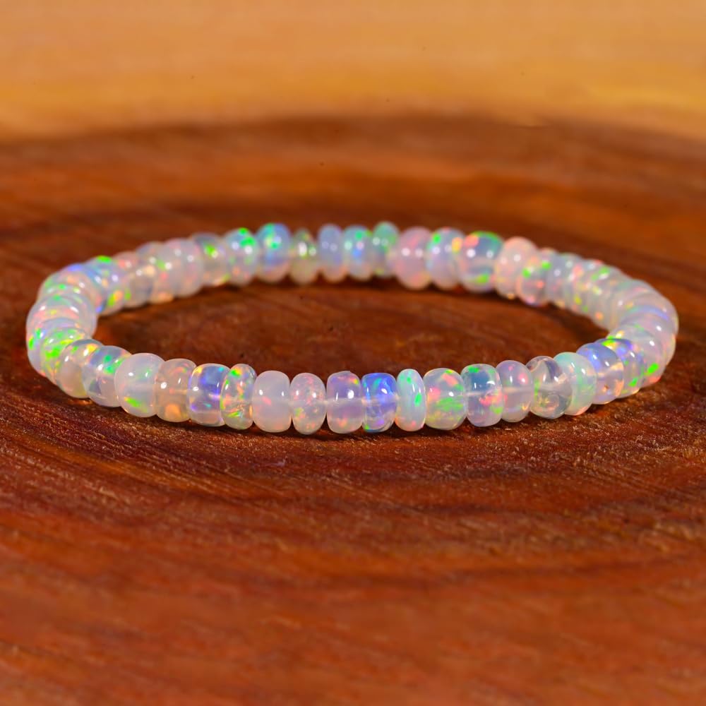 Natural Ethiopian Opal Stretchable Bracelet, Welo Fire, Smooth Beads Bracelet, Rondelle Shape, Milky White with Play-of-Color, 5 Inch