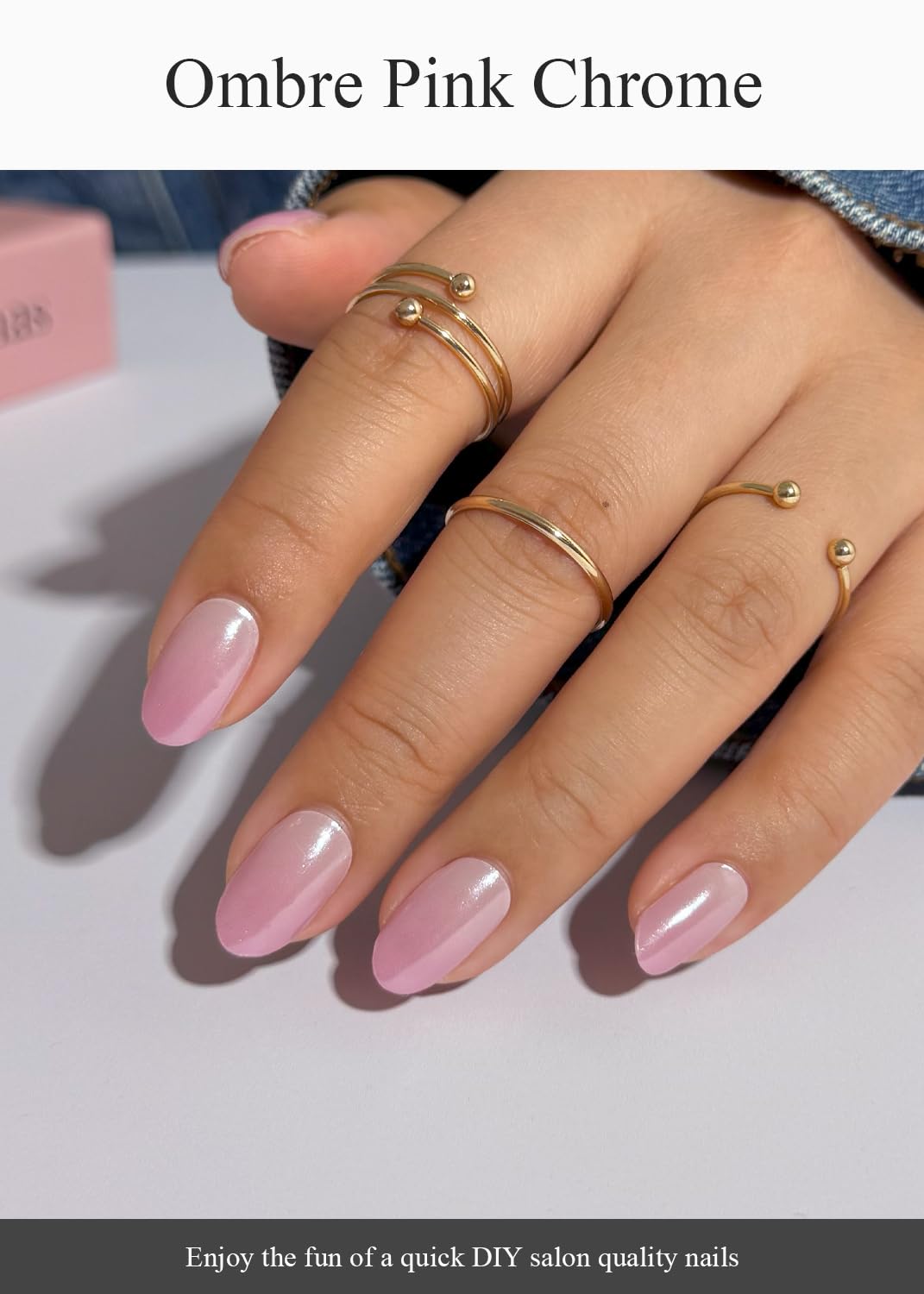 AutyaMee Semi Cured Gel Nail Strips (Glazed Ombre Pink),Chrome, Pearl, 20 Pcs Gel Nail Wraps, Stickers, UV Light Required