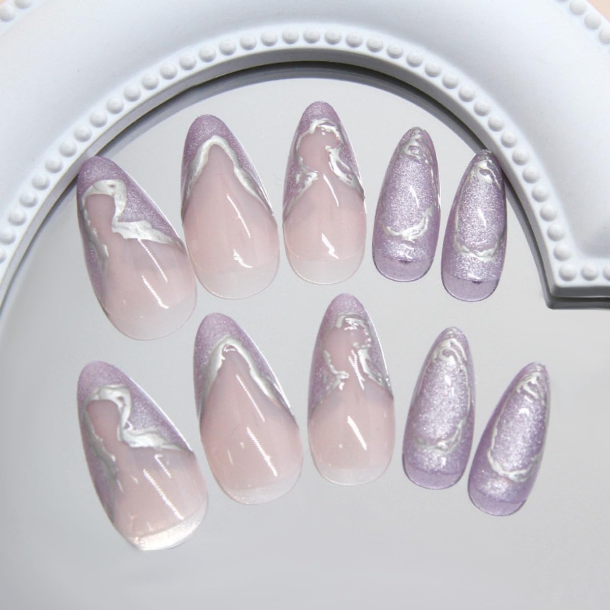 Purple French Tip Press on Nails Medium Almond, 3D Silver Irregular Border Fake Nails with Glue, Glitter Stick on Nails Full Cover Nude Glossy False Nails for Women DIY Manicure Decoration, 24PCS