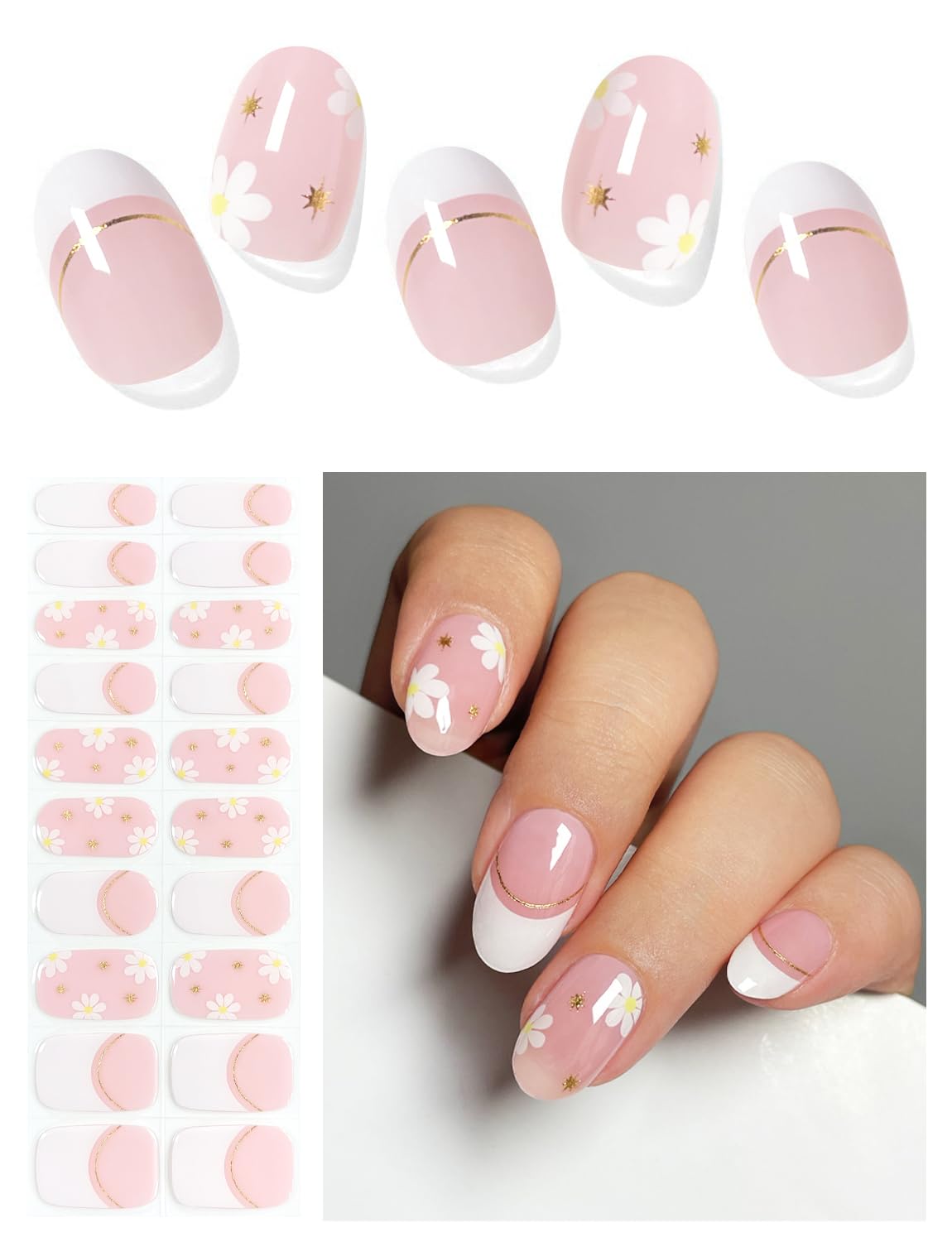 AutyaMee Semi Cured Gel Nail Strips (Pink Daisy), French, 20 Pcs Gel Nail Wraps, Stickers, UV Light Required, Salon Quality, Long Lasting