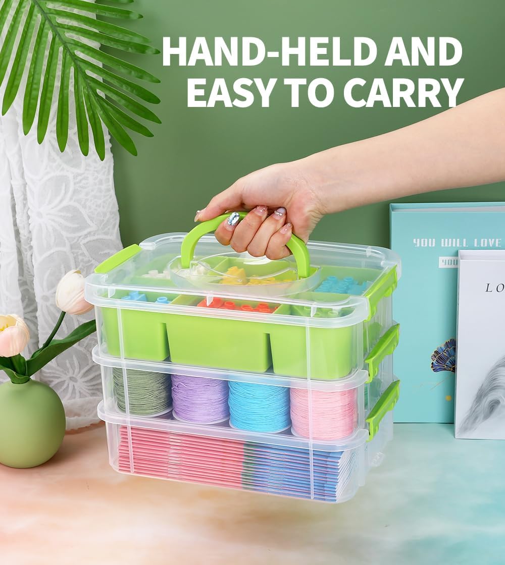 Eppingwin 3 Layers Craft Storage Box, Storage Bins with Lids, Plastic Storage Container Box with Removable Bin, Organizer for Tools, Beads, Sewing (Green)