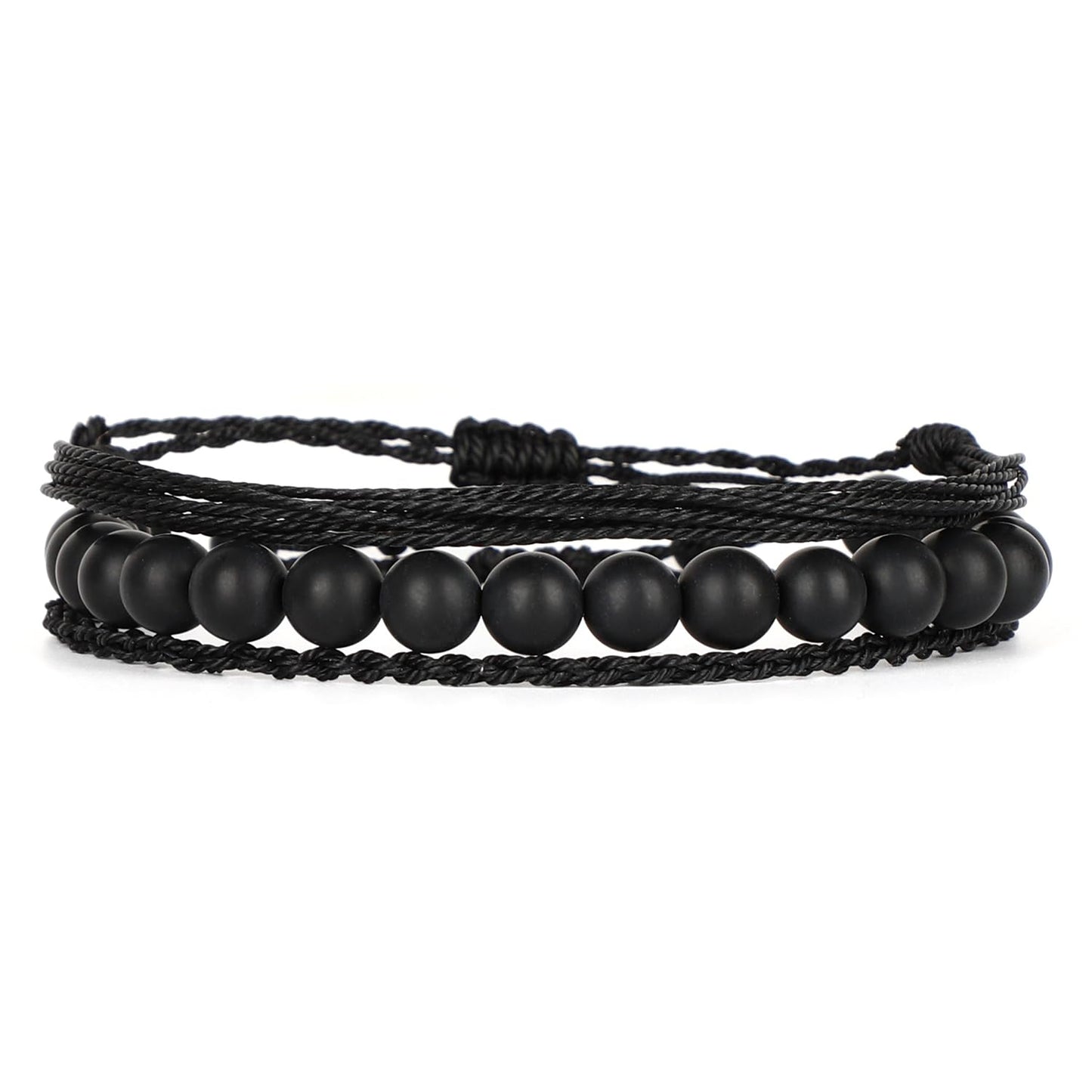QOGIR Handmade Healing Bracelets, 8mm Matte Black Onyx Bracelet Black Beaded Bracelets for Men Women with 2PCS Size Adjustable Rope Bracelets