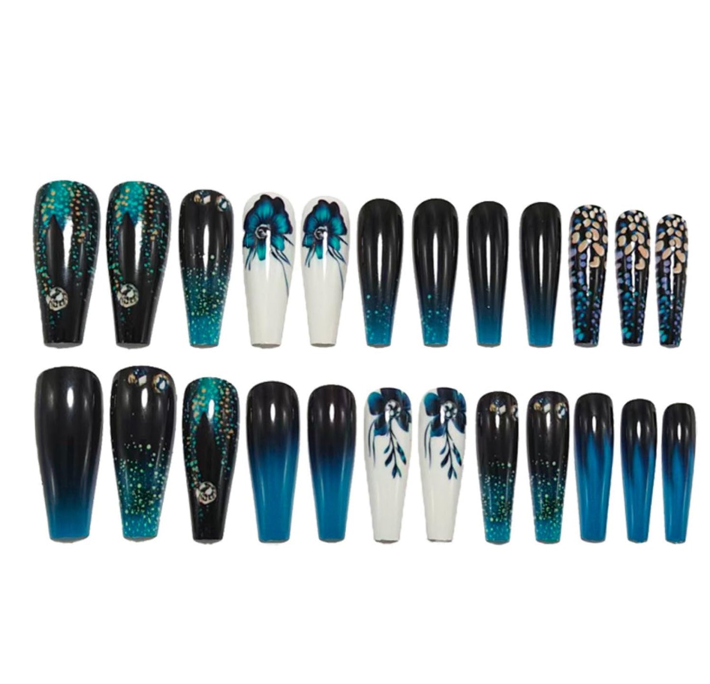 Chunmeng 24 pieces blue black gradient nail coffin, blue-green flowers with rhinestone glossy acrylic, suitable for women's daily gatherings