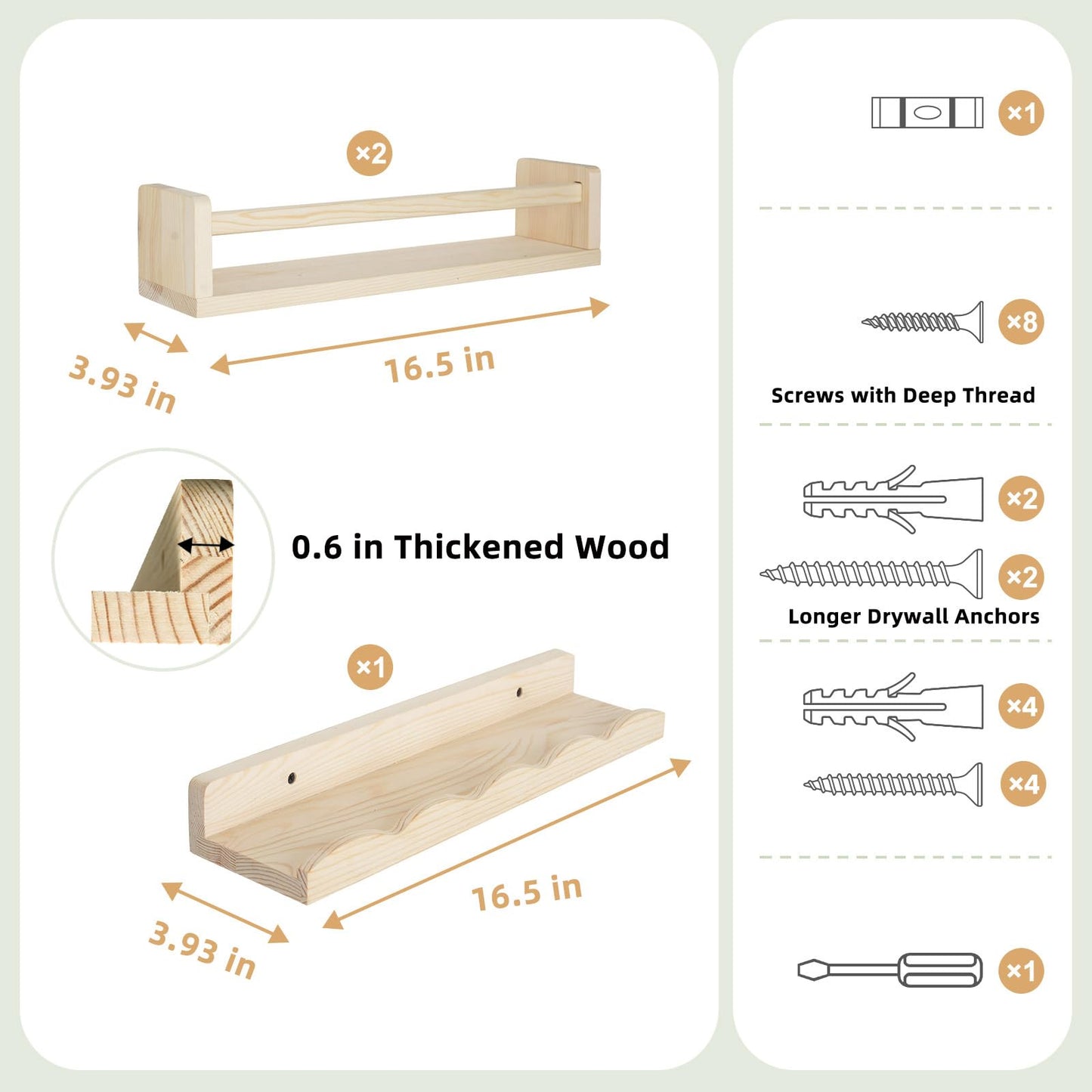 storenization Floating Book Shelves for Wall, 16.5" Natural Wood Nursery Shelves for Book Storage, Solid Pine Wooden Floating Wall Bookshelf for Bedroom Living Room, Set of 2+1, Unfurnished - DIY