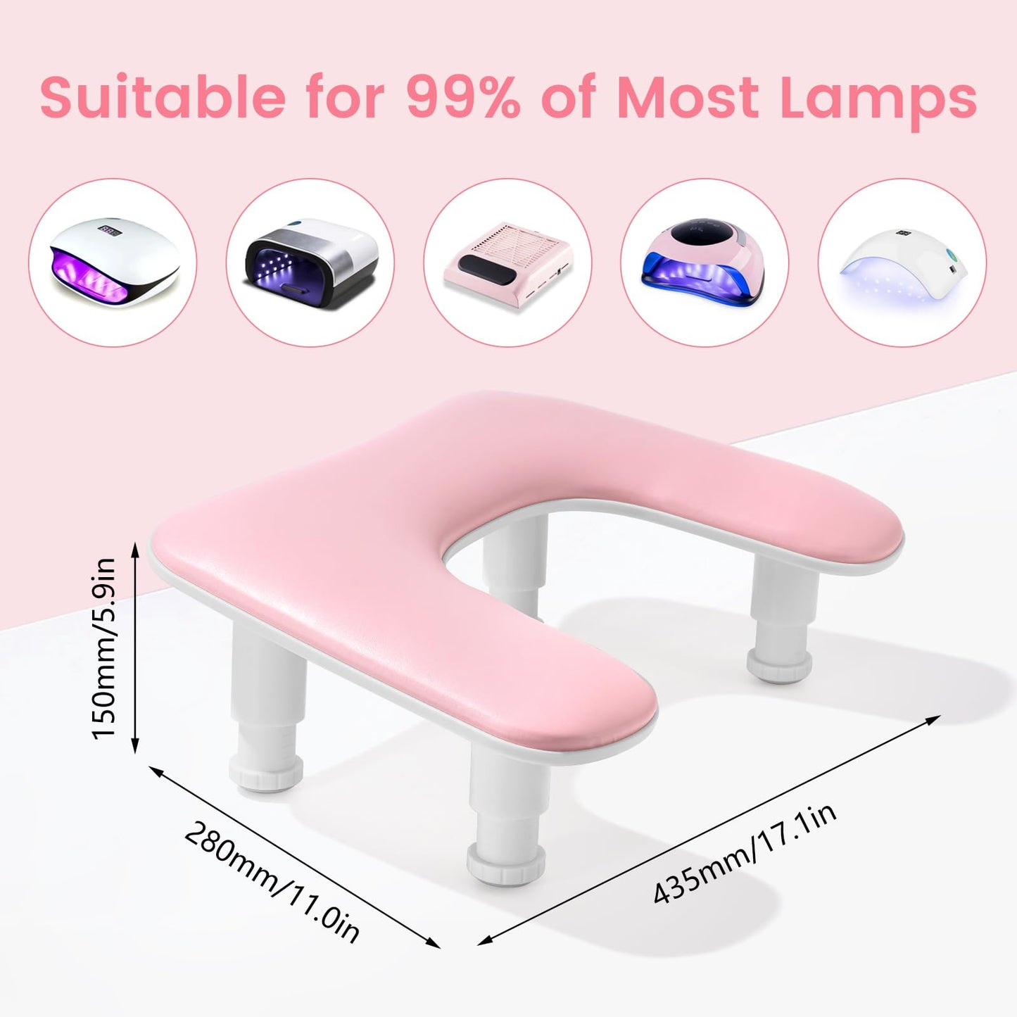 Big Arm Rest for Nails Tech: 2nd Generation U-Shaped Manicure Nail Arm Rest Stand Height Adjustable Armrest Microfiber PU Leather Hand Rest Pillow for Acrylic Nails (Pink)