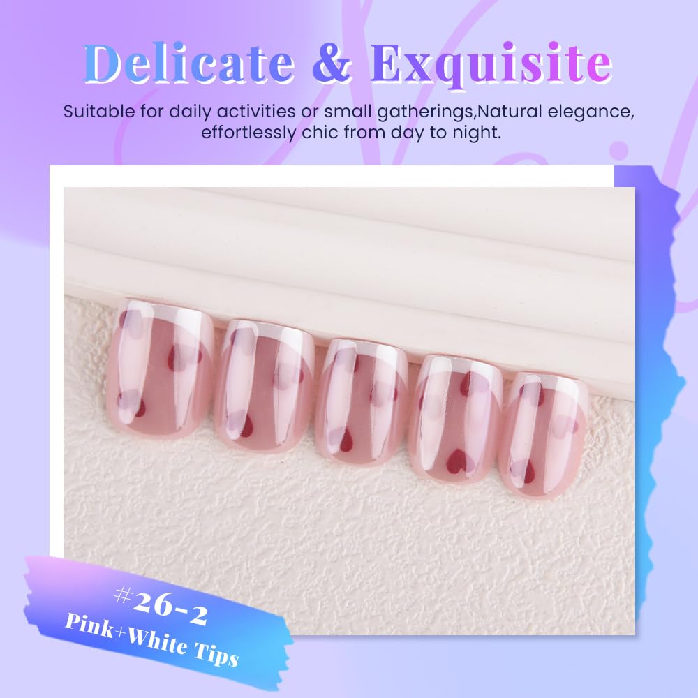 evpct French Tip Press On Nails Short Square, Pink + White Tips & Heart, Chrome Glazed Glossy Short Square Fake False Press on Nails, Reusable Gel Stick on nail Press ons with Nail Kit Salon Quality