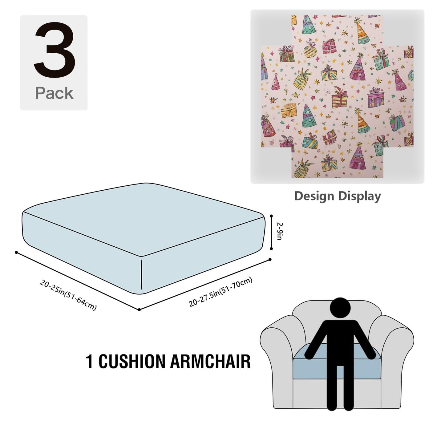 pnyoin Colorfule Gift Box Stretch Individual Seat Sofa Cushion Covers Elastic Couch Cushion Cover Slipcover Sets -3 Piece Sofa Cushion Covers
