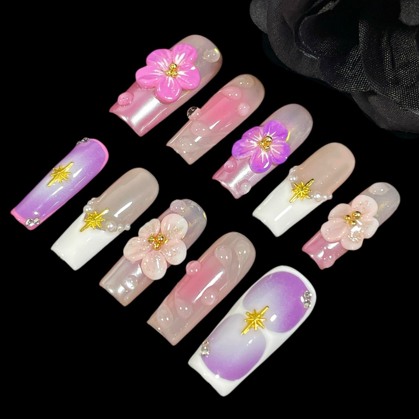 Handmade Press On Nails Medium/Long Square Pink 3D Sakura Design - Reusable French Acrylic Fake Nails with Gold Stars & Pearls, Luxury Cherry Blossom False Nails (Sakura, S)