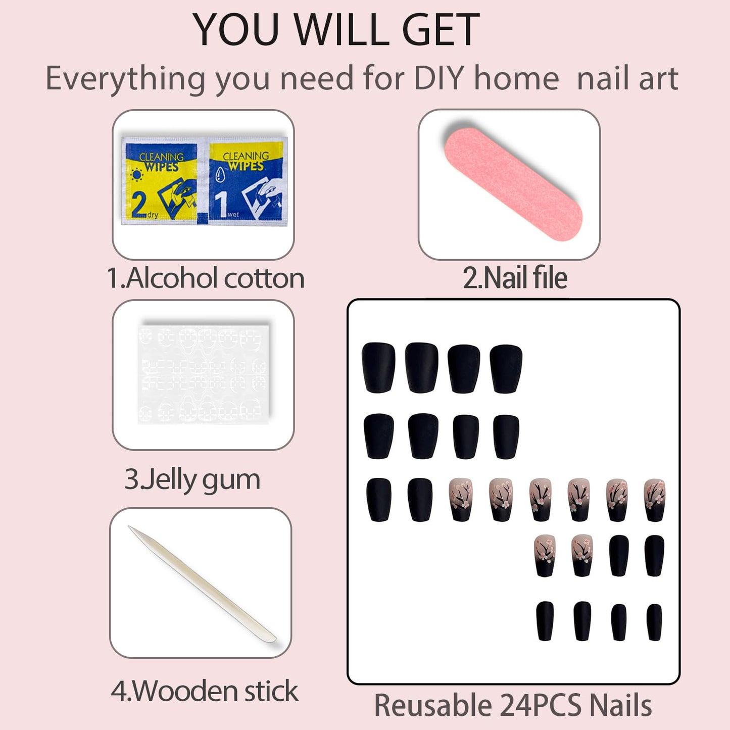 Spring Press on Nails 24Pcs Pink Black Ombre Medium Square Press on Nail Coffin Full Cover Fake Nails With Flowers Designs Acrylic Nail Press Ons Kit Press on Nails For Women