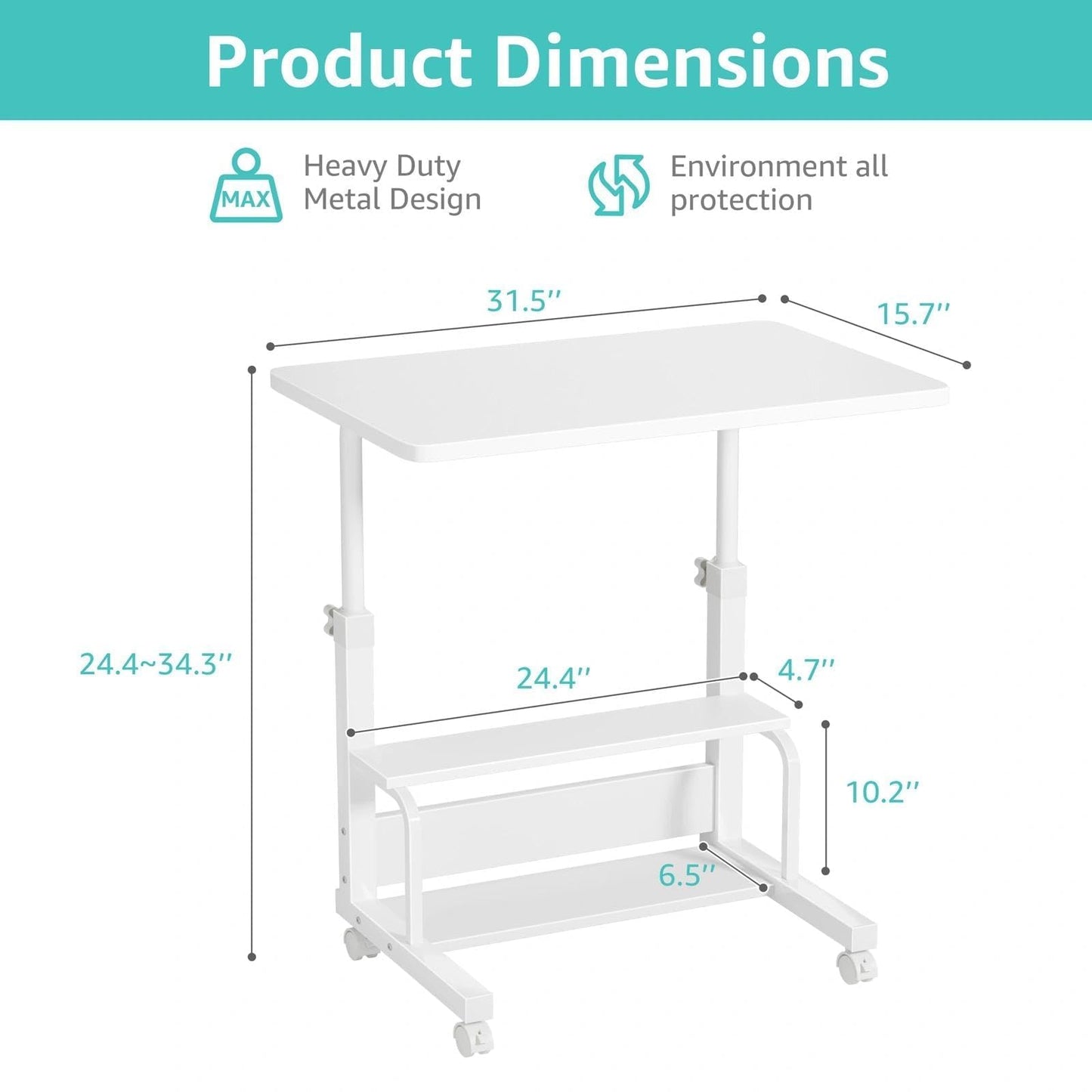 WINAZ Small Portable Laptop Rolling Desk - 32" White Mobile Kids Desk with Wheels for Small Spaces, Height Adjustable C Shaped Side Table with 2-Tier Storage Shelves for Bedroom