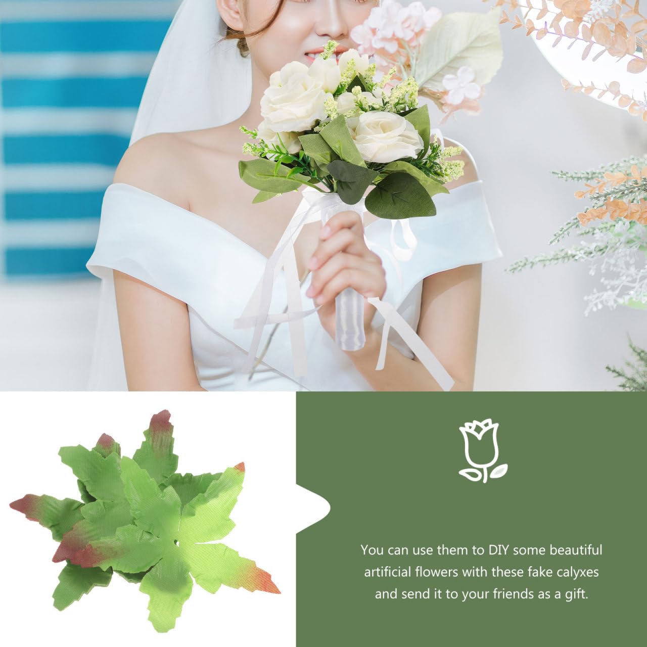 EXCEART Artificial Flower Sepals 150 Pcs DIY Calyxes for Floral Arrangements and Crafting Supplies Realistic Fabric Sepals for Wedding Decor and Handmade Flowers