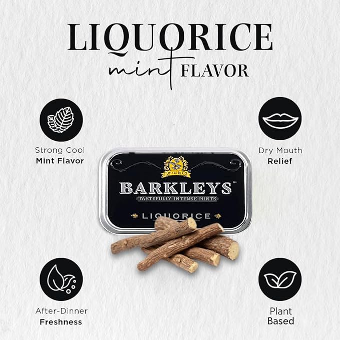 Barkleys Liquorice Breath Mints - Strong Licorice Flavored Cool Mint Candy For Party, After Dinner, Wedding, Every Day Use - Vegan Breath Mints In Reusable Classic Travel Tins, 1 Pack - 50 Count Each
