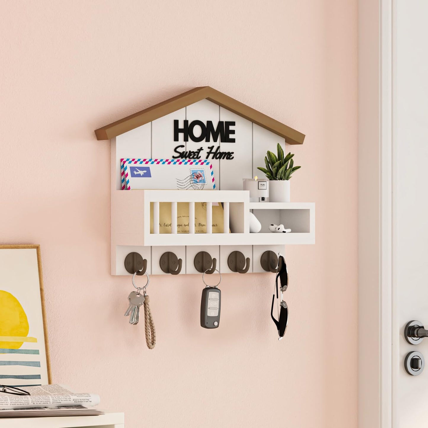 FERAHI Key and Mail Holder for Wall, Wall Key Holder with Shelf, Key Rack Wall Mount, Wood Key Holder Wall Mount White, Mail Organizer Wall Mounted, Entryway & Front Door Key Holder with 5 Hooks