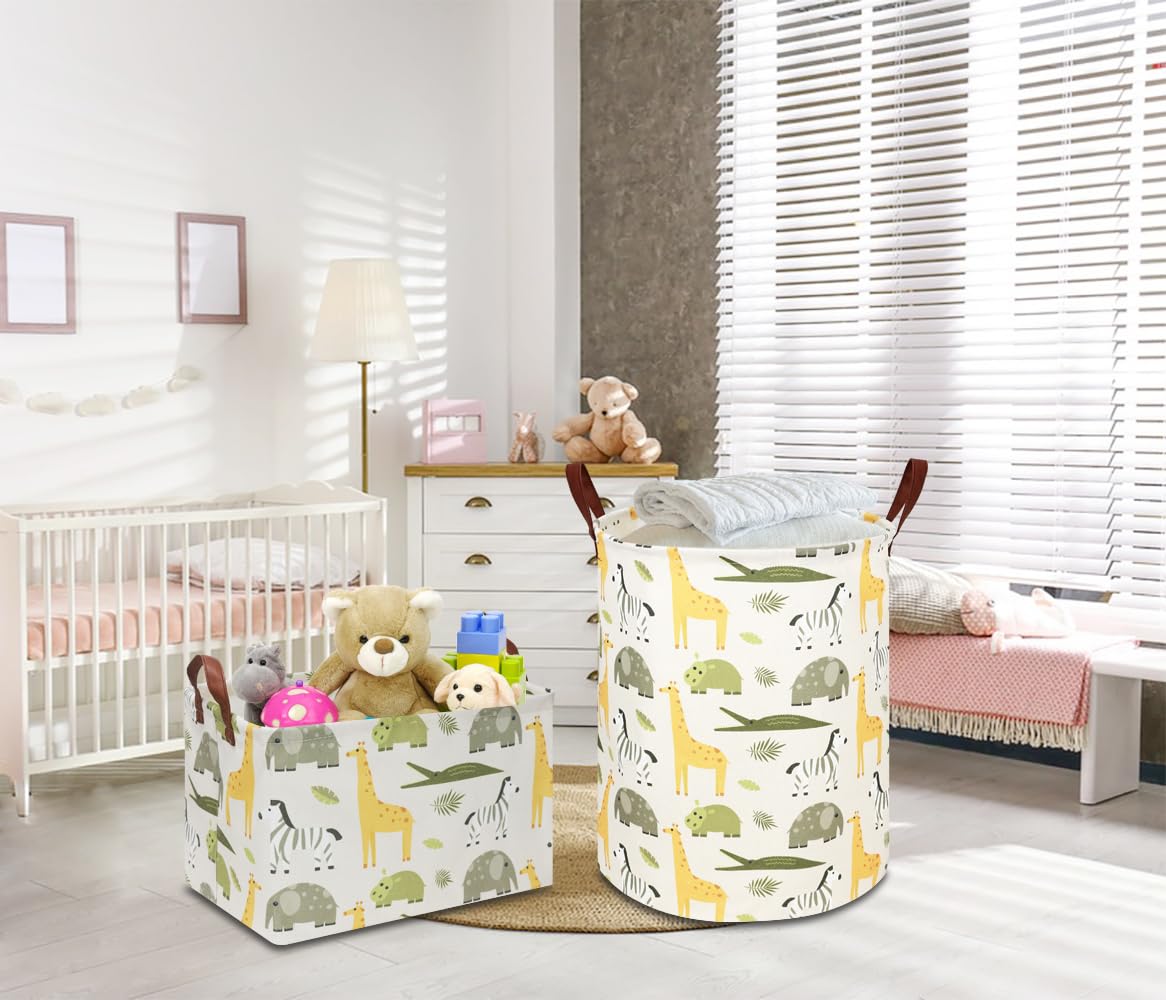 NTAOHAMPER Rectangular Green Storage Basket,Collapsible Gift Basket with Handles,Kids Toys/Books Box,Room Decor(Green Animal)